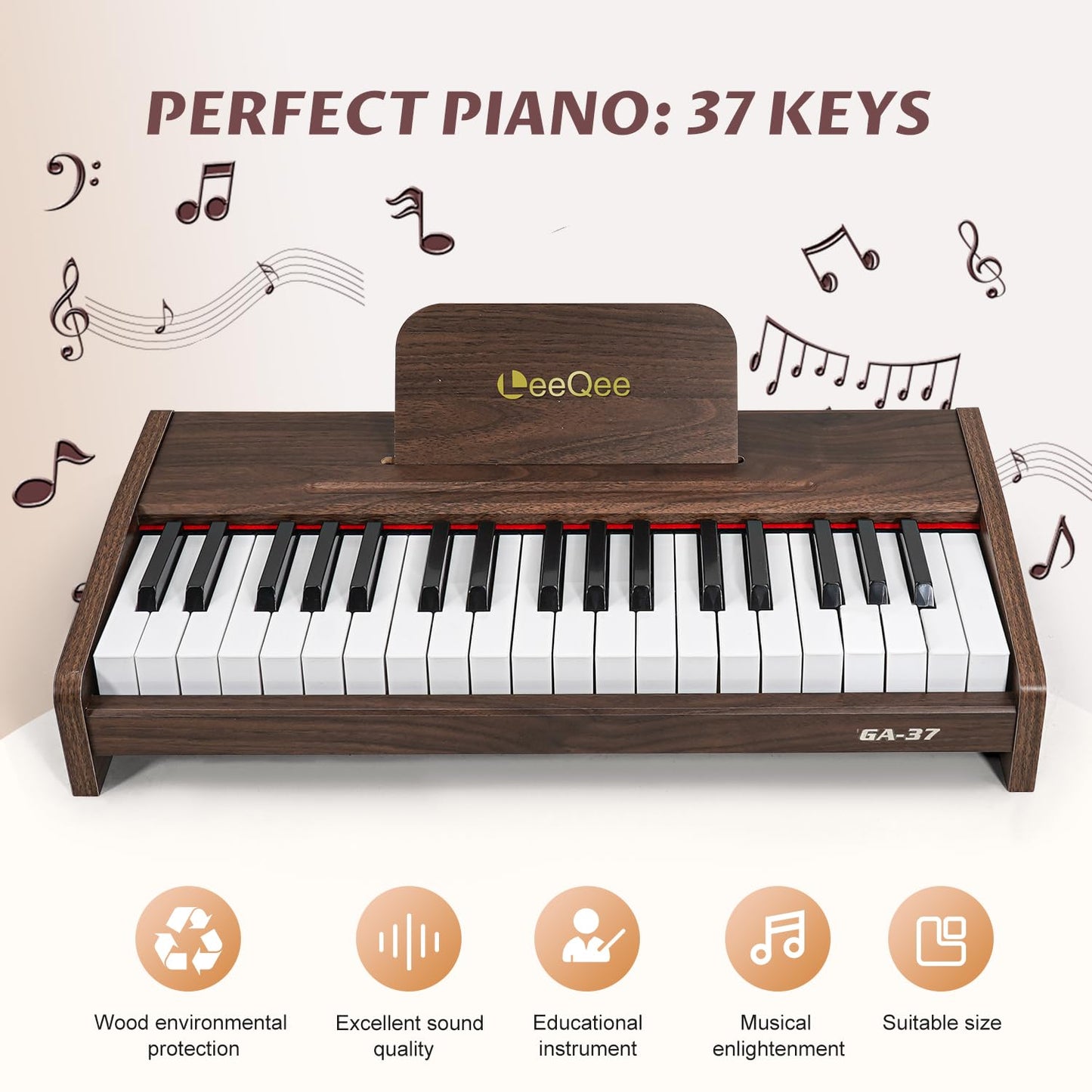 LeeQee 37-Key Wooden Kids Piano Keyboard - Electronic Music Toy with Pro Sound, Educational Learning Modes & Portable Power - Best Toddler Educational Gift for Aspiring Musicians