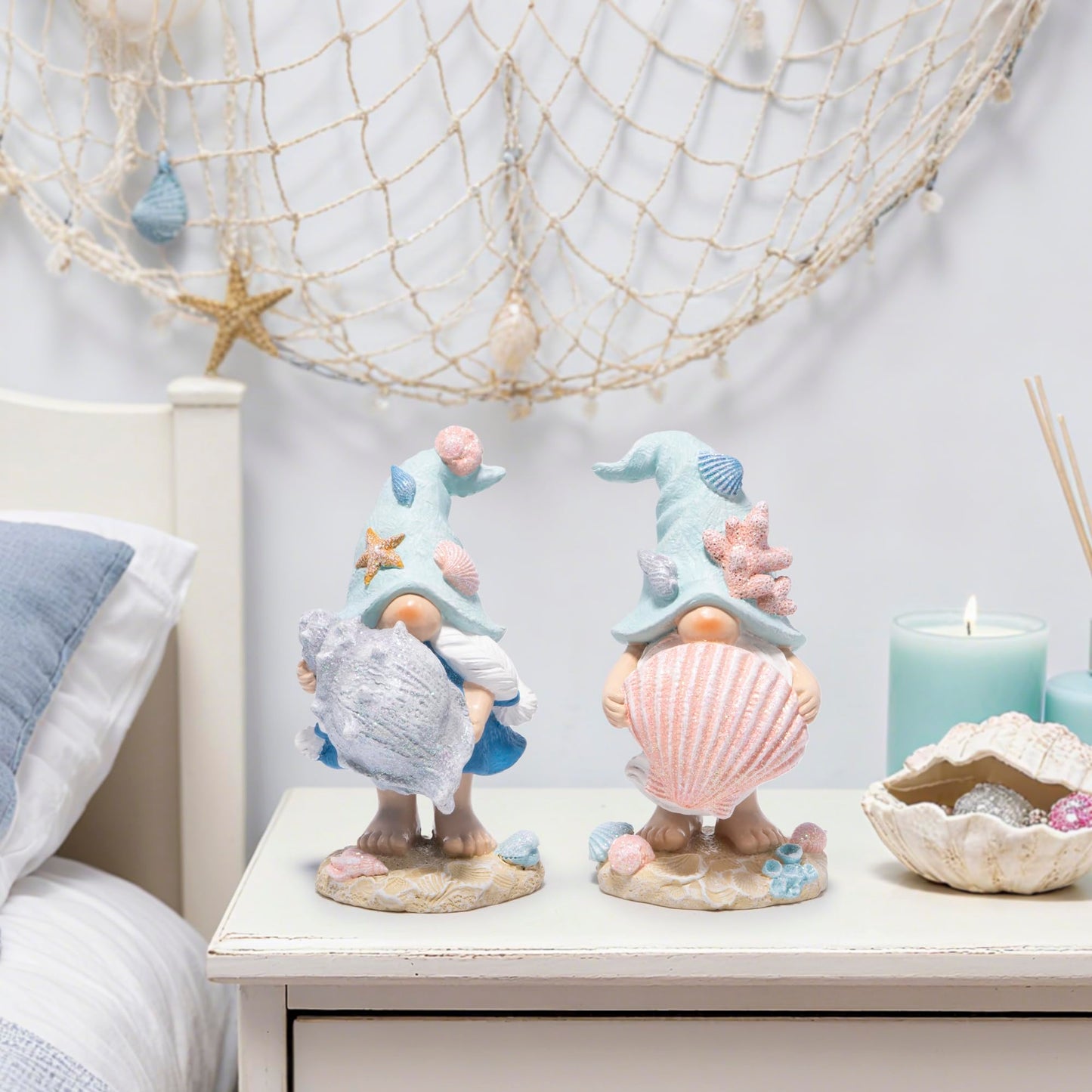 Hodao Coastal Ocean Gnome Figurines – Hand-Painted Resin Beach Gnomes with Seashell & Starfish Hats, Summer Sea Decorations for Indoor Home, Bedroom & Tabletop, for Ocean Lovers
