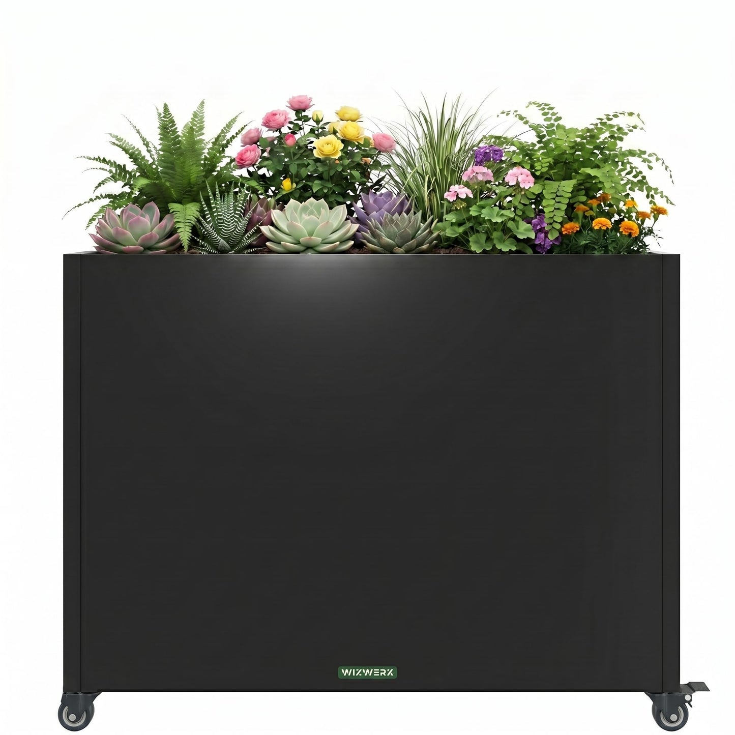 WIZWERK Metal Planter Box with Wheels, 36" Large Rolling Outdoor Planter with Drainage & Removable Shelf, Rectangular Planter Raised Garden Bed for Patio, Balcony, Porch & Backyard, Black