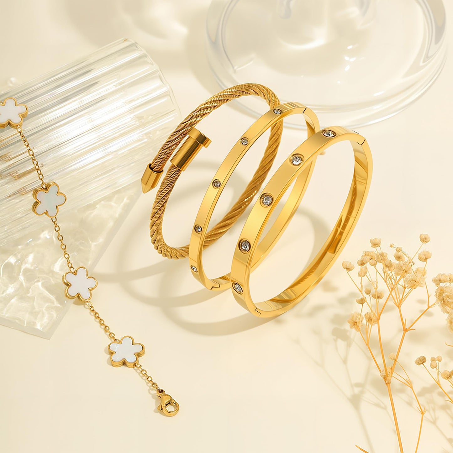 ISELBDR 18K Gold Bracelets for Women - Stackable Clover & Nail Love Bangle Set - Non-Tarnish Stainless Steel Jewelry for Valentine's, Mother's Day & Christmas (White)