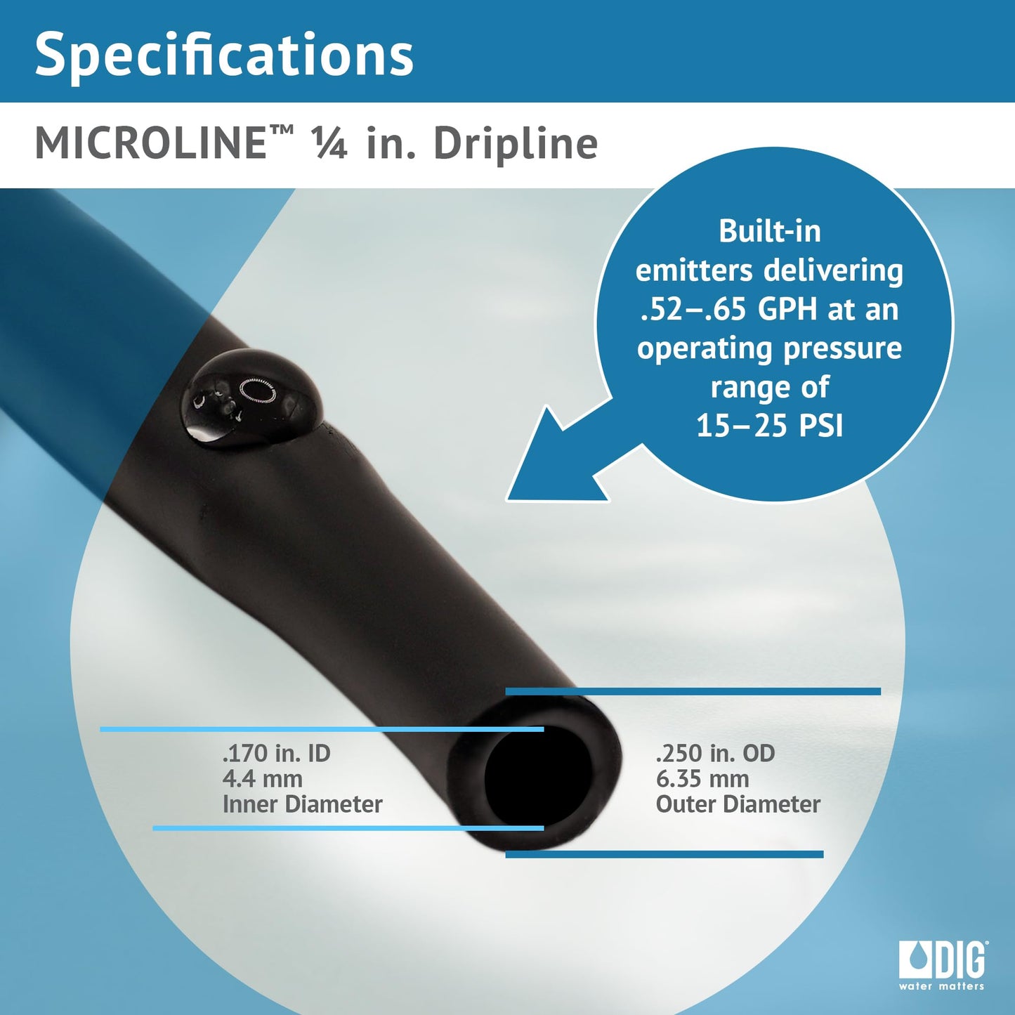DIG ML-106, 100', ¼” MICROLINE Dripline - 6” Spacing, Color Black – UV Protected Drip Line