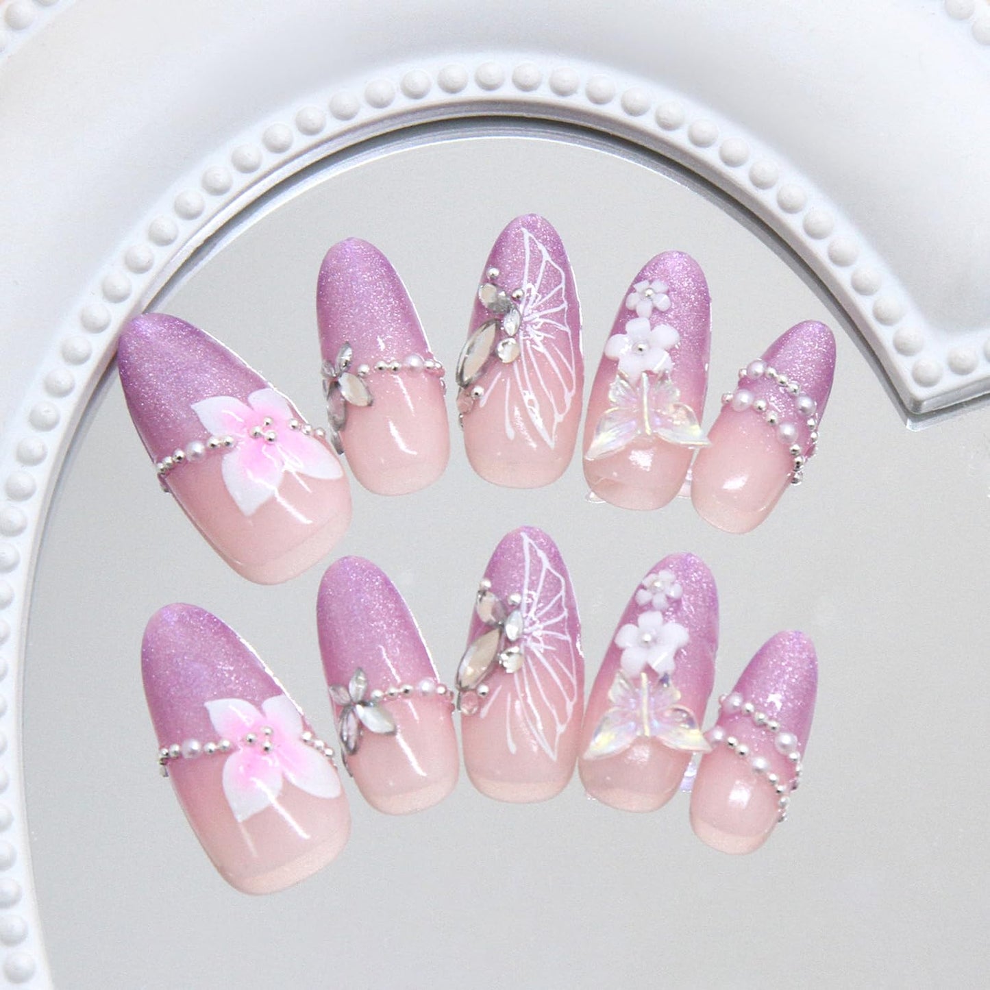 30Pcs Purple Ombre Press on Nails Medium Almond Fake Nails Press ons 3D Butterfly Rhinestone Design Shimmer Magnetic False Nails Purple Glitter Full Cover Cute Butterfly Flower Acrylic Nails for Women