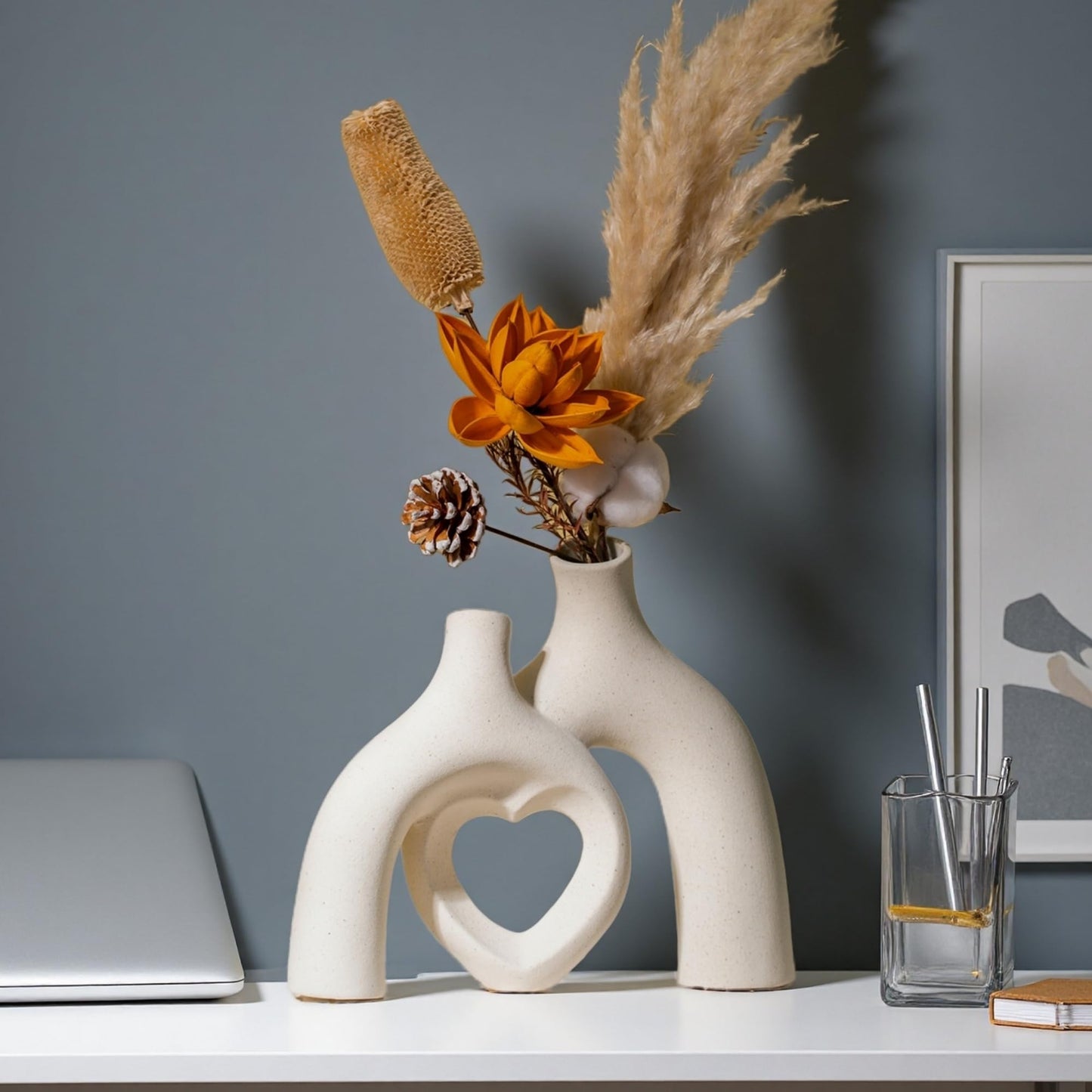 Lvases Modern Ceramic Vase, Snuggle Heart-Shaped Abstract Sculpture Vases, Minimalist Boho Home Decor for Living Room Shelf & Table Centerpiece Decorative Vase (Milky White)