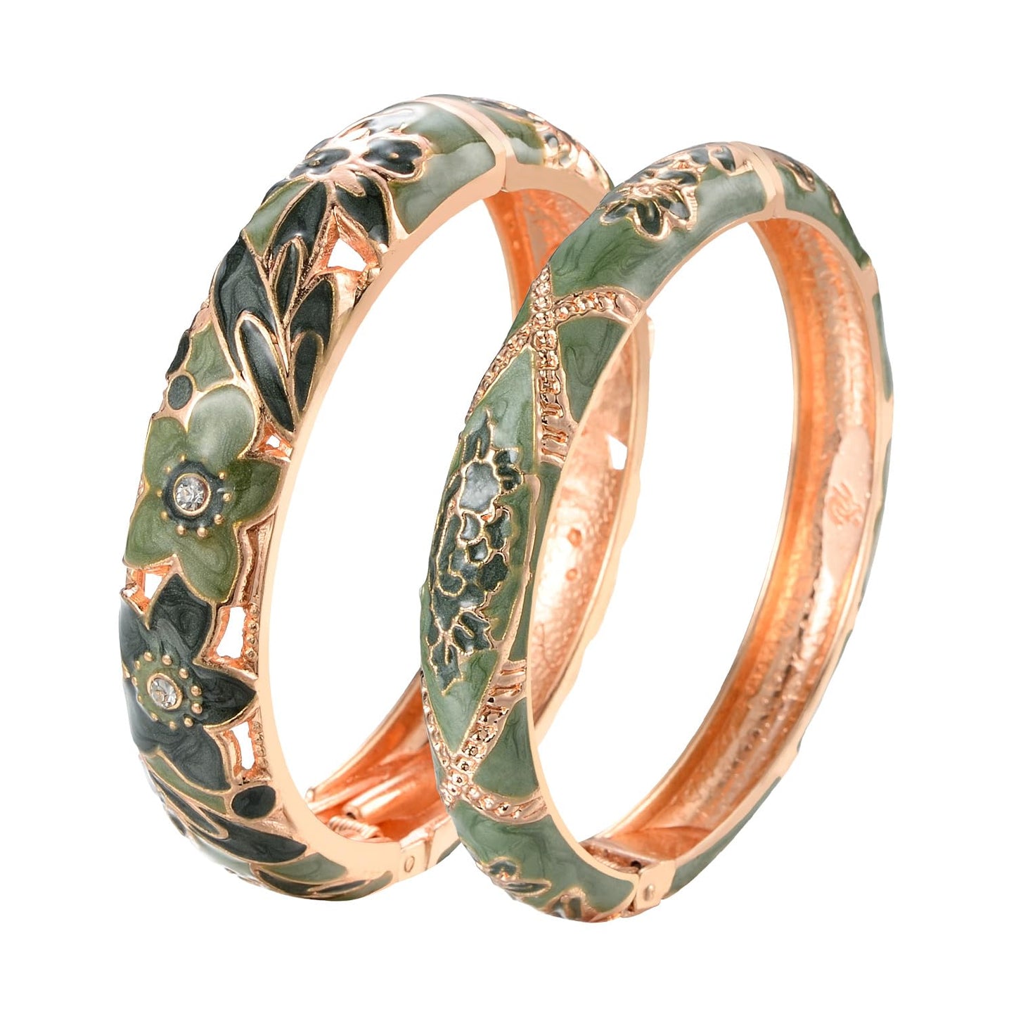 wynameleri Vintage Jewelry Cloisonne Handcrafted Enameled Gorgeous Rhinestone Flower Hinged Cuff Bracelet Bangles Gifts 88A11-55A128 Green