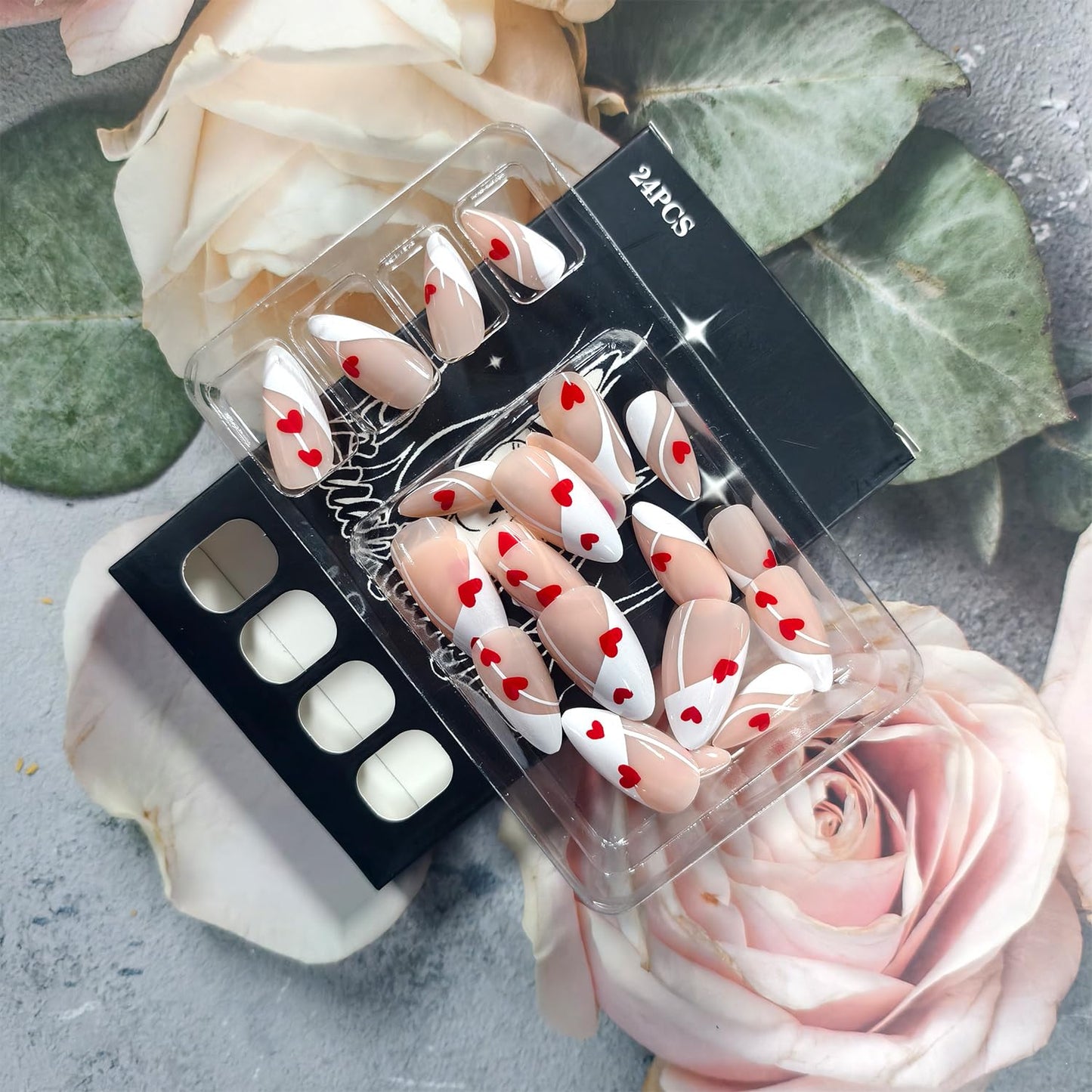 CJDLTS Valentines Press on Nails Medium Almond Artificial Acrylic Irregular Lines Fake Nails Red Love Coffin Nails Full Cover Glossy Heart Glue on Nail Artificial Fingernails Women Festival Manicure