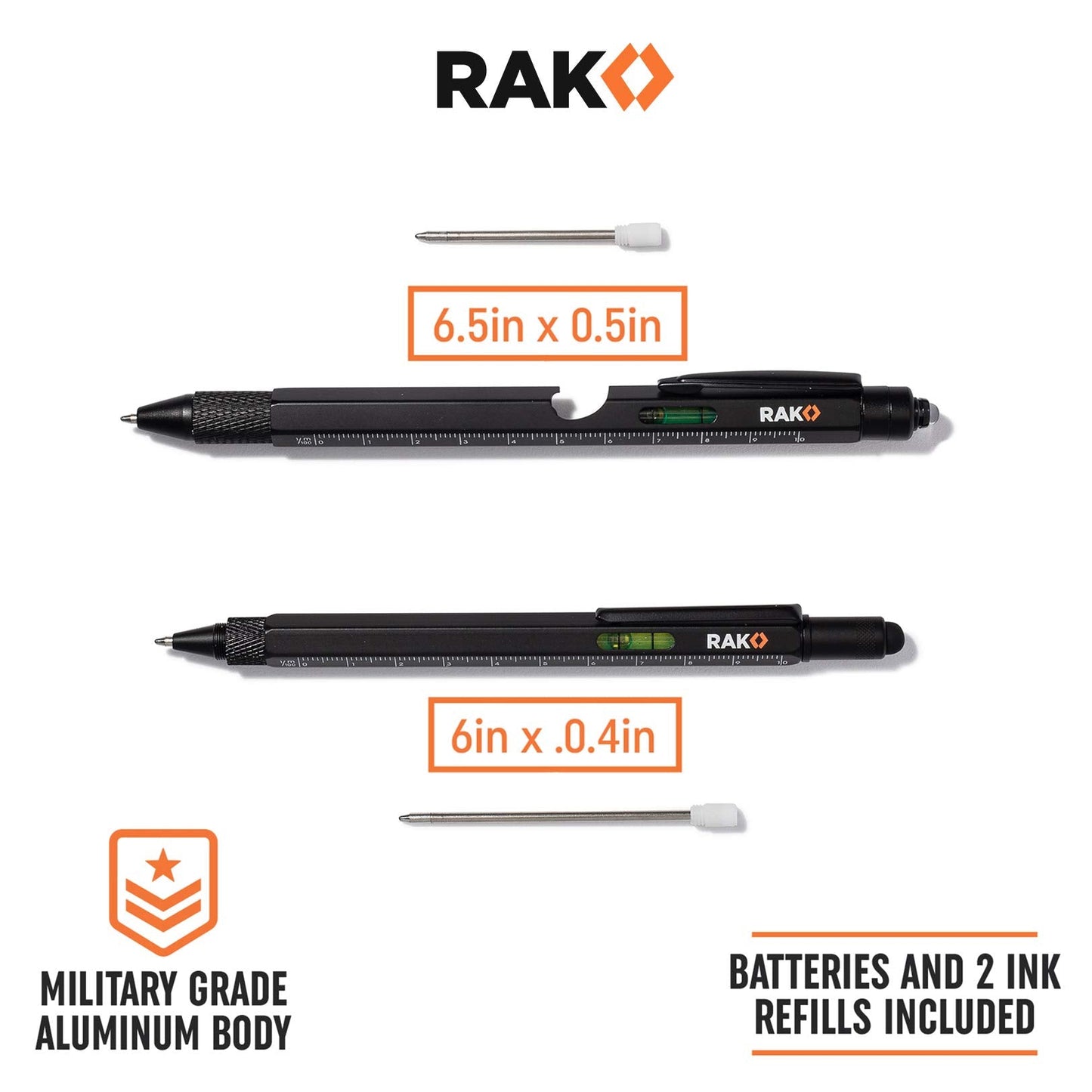 RAK Multitool Pen - Multi-Tool Pen Set 11 in 1, LED Light, Screwdrivers, Level, Ruler, Bottle Opener, and Stylus. Cool Gadgets Gifts for Men, Dad, EDC Tactical Pen Tool, Gift-Ready Box, Pack of 2