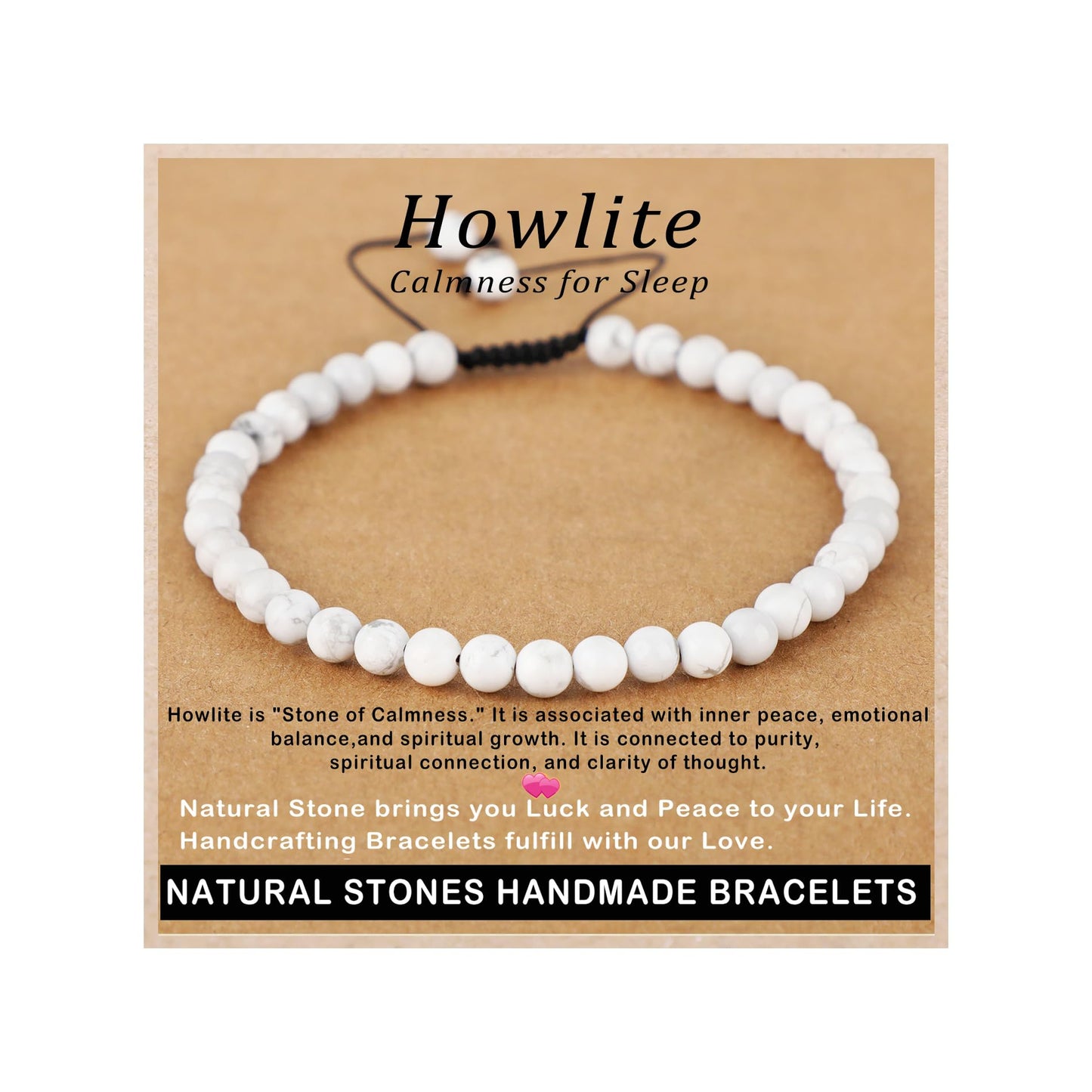 AD Beads 4mm Howlite - Calmness for Sleep - Handmade Natural Stone Crystal Bracelet with Adjustable Macrame String - Yoga Healing Power Energy Gifts for Men and Women