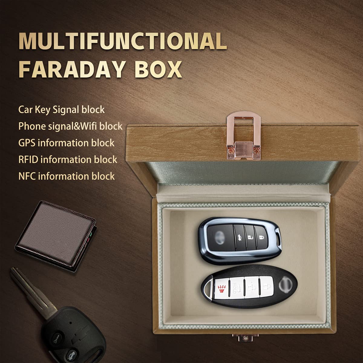 JXE JXO Faraday Box, Faraday Key Fob Protector, Faraday Cage, Key Fob Signal Blocker Box (Mini Imitation Wood)