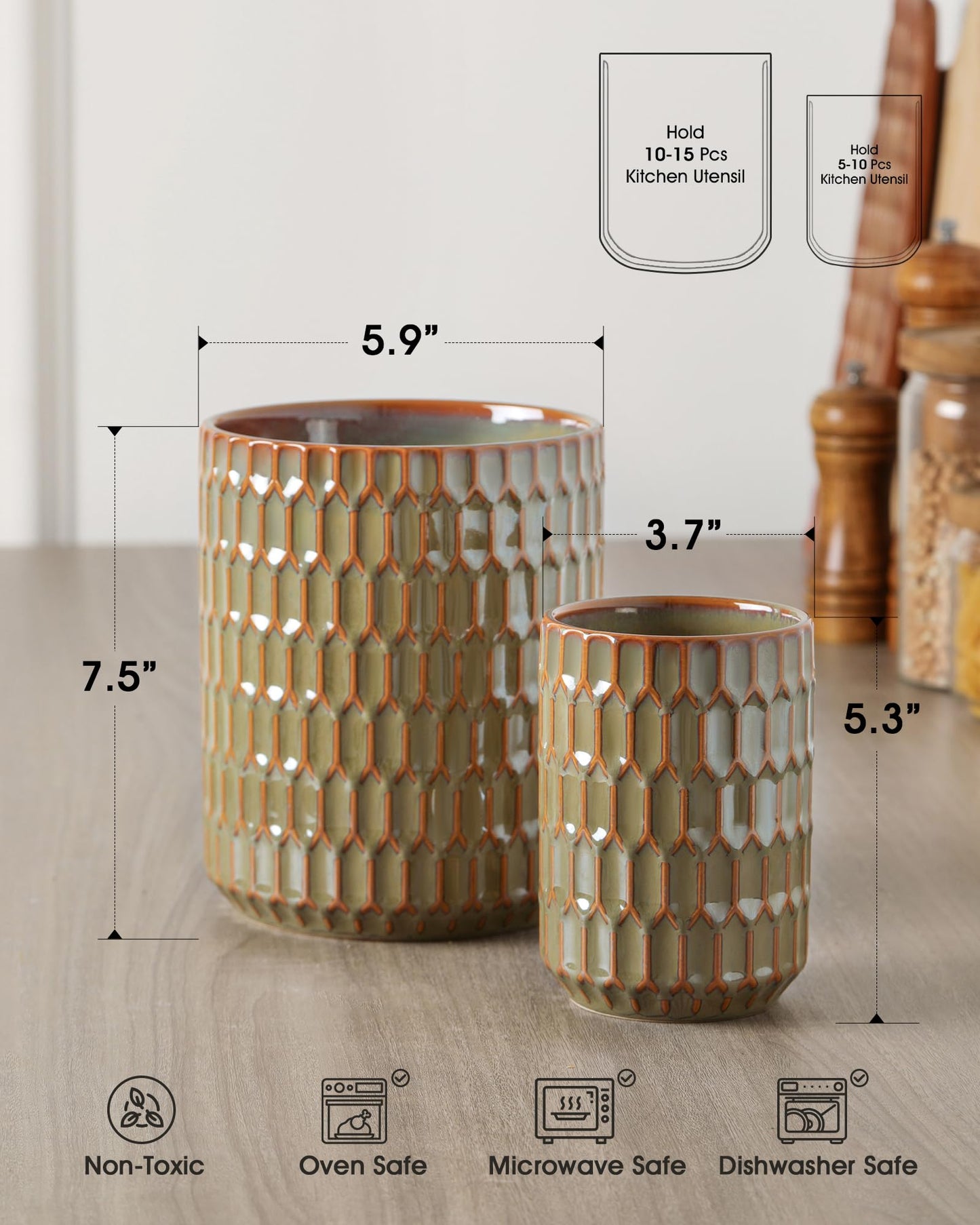 ArteBake Utensil Holder, 7.5"+5.3" Ceramic Kitchen Utensil Holder for Countertop, Large Cooking Utensil Crock for Kitchen Counter, Set of 2, Green