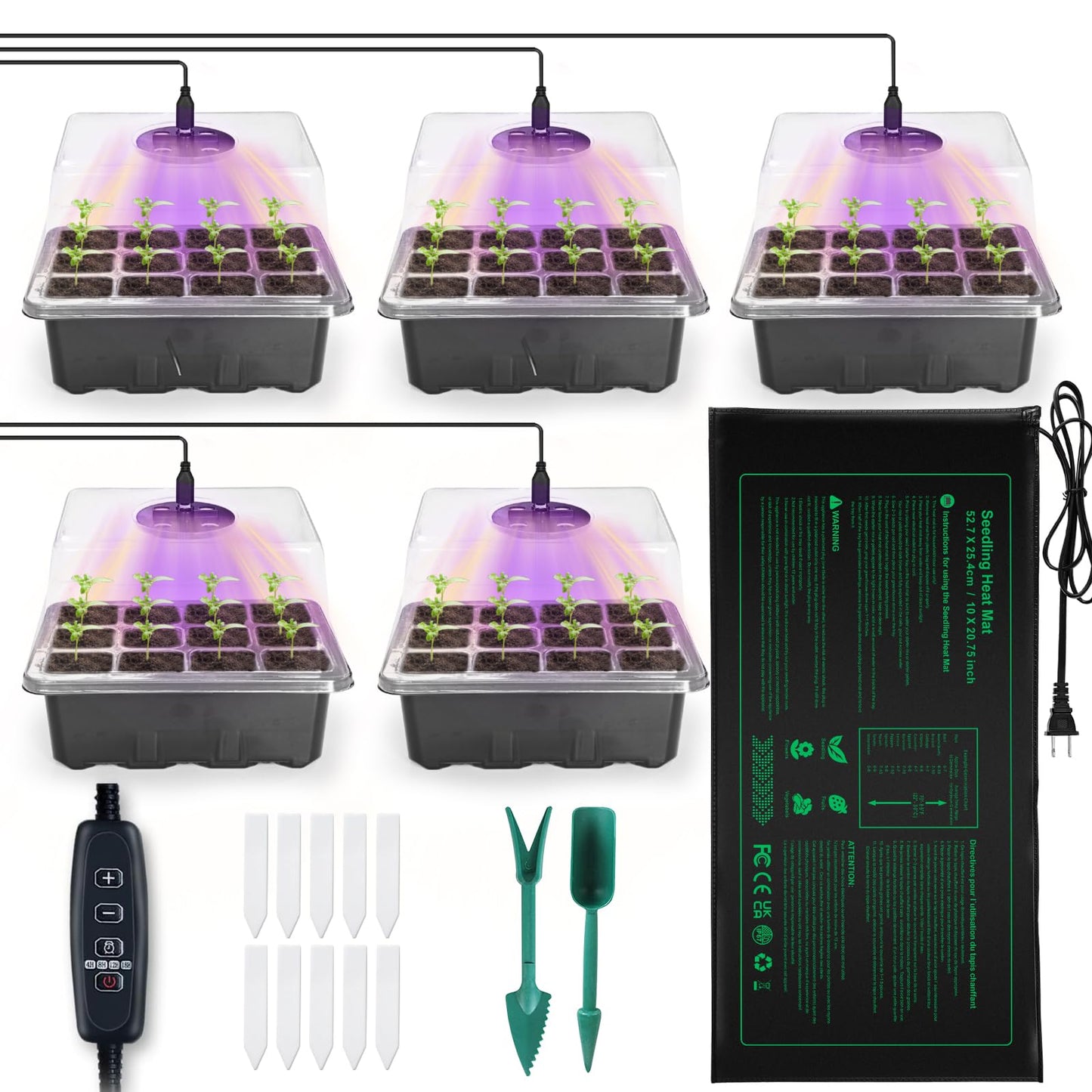 NAMOTEK 5 Pack Seed Starter Tray with Heat Mat and Grow Light Humidity Domes, 60 Cell Trays Germination Station Cloning Kit