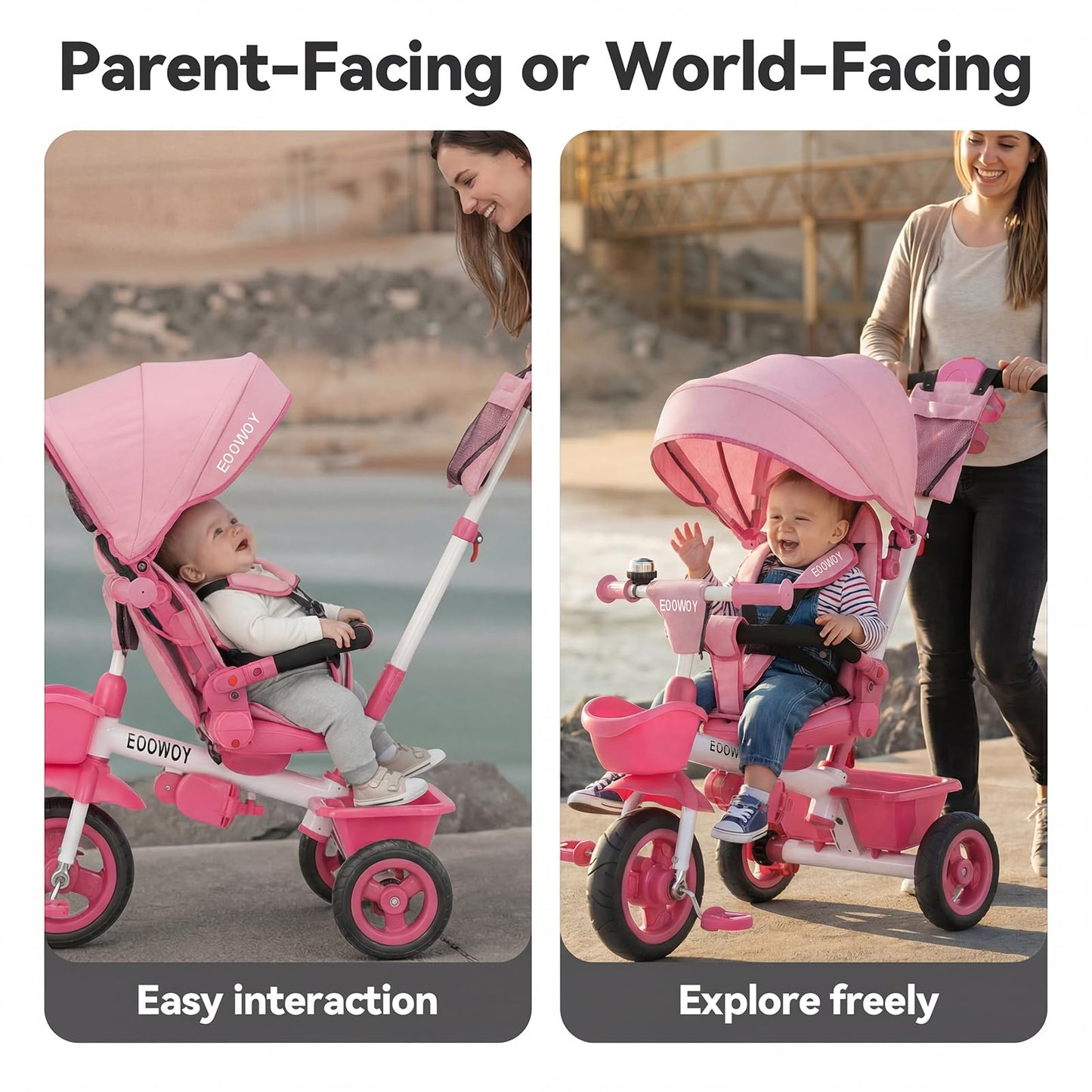 EOOWOY Toddler Tricycle with Push Handle, 7 in 1 Stroller Trike with 360° Swivel Seat, Reclining Backrest, All-Terrain Wheels, Dual Brakes, Canopy & Storage, Gift for Kids 18 Months to 5 Years, Pink