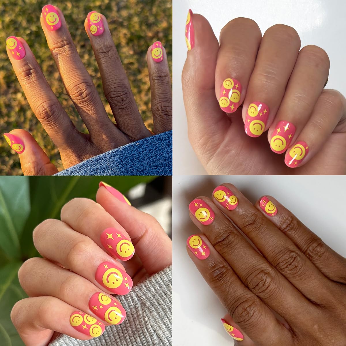 Olive & June Classic Super Stick Mani Press On Nails | No Glue Needed | 32 Tab Nails 16 Sizes | Non-Toxic Tabs Non-Damaging 7-Day Wear | Spring Flowers & Patterns | Short, Round| Happy All Over