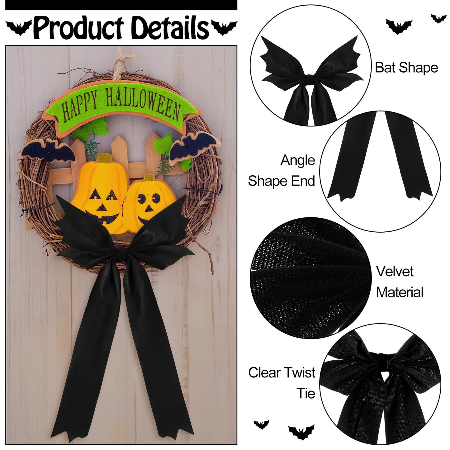 Eurzom 12 Pcs Gothic Christmas Bat Bows Tree Ornaments 10'' x 6'' Spooky Christmas Decor Horror Black Bat Shaped Velvet Bows, Creepy Nightmare Hanging Decorations for Xmas Wreath Home Party Gift