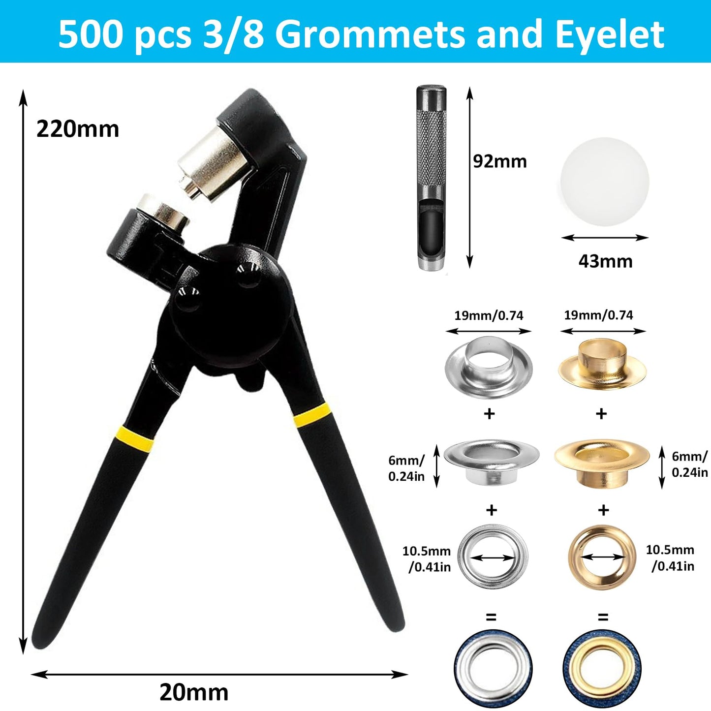 Grommet Tool Kit with 500pcs Grommets Hole,Heavy Duty 3/8 Inch Handheld Eyelet Kit Manual Grommet Press Machine Plier Rivet Press Punching Tool Eyelet Tool Kit for Fabric,Banner,Canvas Leather DIY