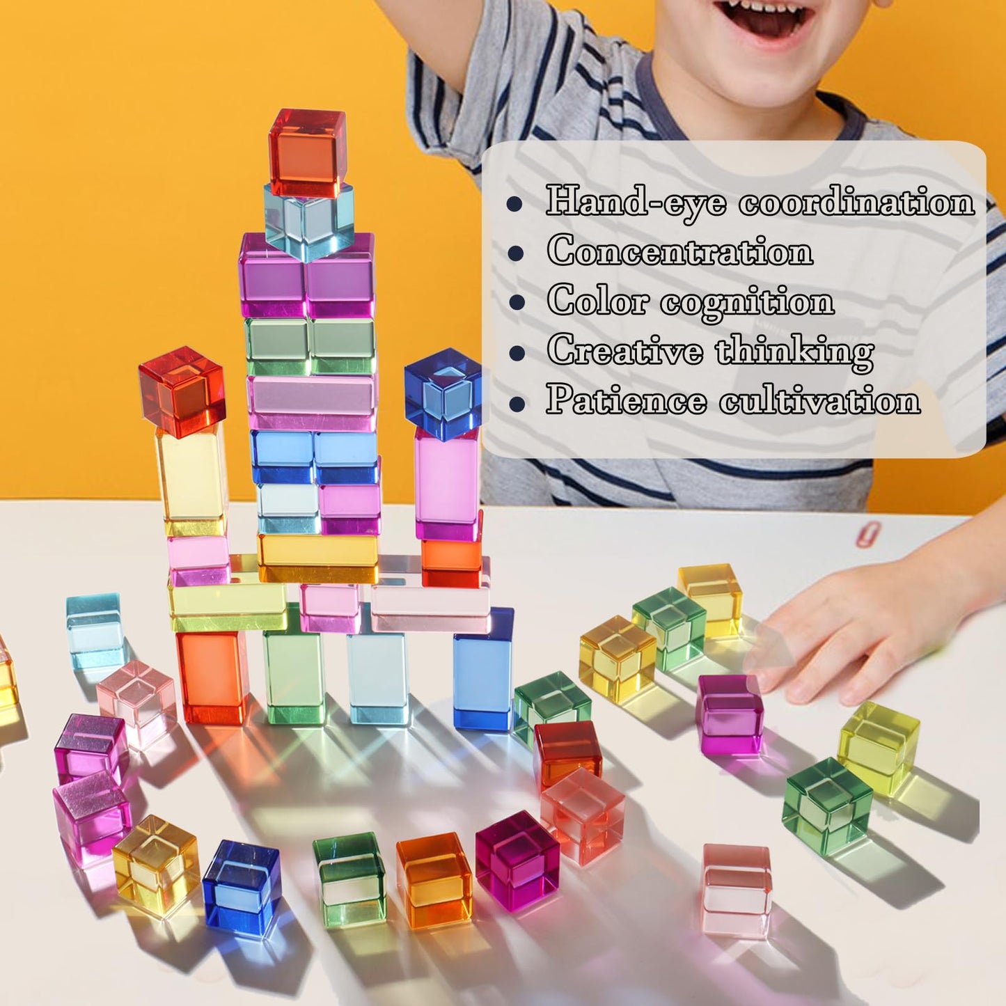 Dinhon 100 Pcs Acrylic Blocks for Toddler - 10 Colors Rainbow Gem Blocks, 2.5x2.5cm Crystal Cubes Stacking Rainbow Toy for Kids 1-5 Years Old, Light Table Blocks Bulk Birthday Gift