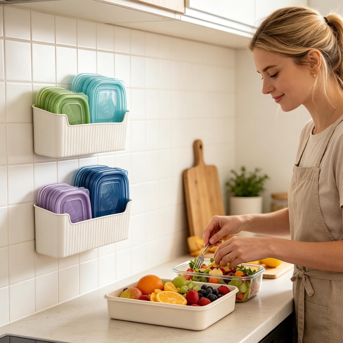 Rainmae 2 Pack Kitchen Cabinet Door Organizer, Lid Organizer Inside Cabinet Wall Mounted Plastic Storage Box Under Sink Door Organizer Lunchbox Lid Container for Kitchen Bathroom Organization