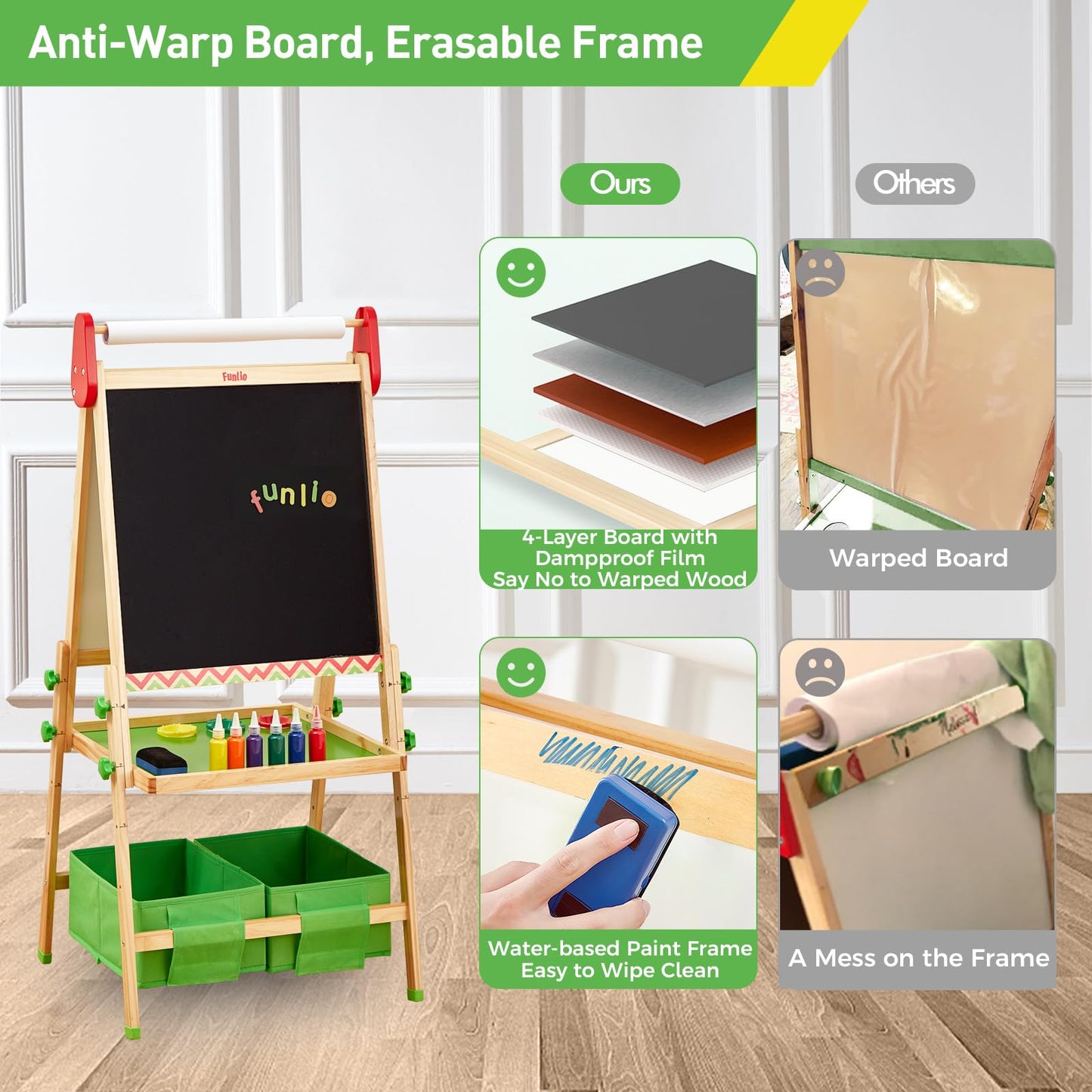 FUNLIO Anti-Warping Kids Art Easel, 3 Height Adjustable for Kids Aged 2-8, All-in-One Toddler Easel with Paper Roll & Erasable Frame, Standing Easel with Magnetic Chalkboard/Whiteboard (Green)