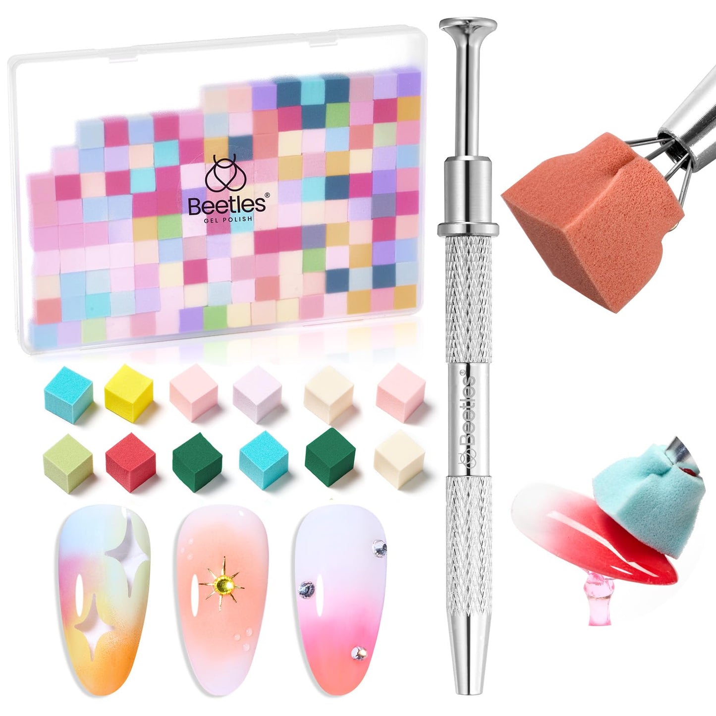 Beetles 150Pcs Soft Nail Sponges for Ombre, Colorful Nail Sponge wit & 31pcs Nail Art Brushes, Dotting Tools, Nail Art Pens, Dust Brush