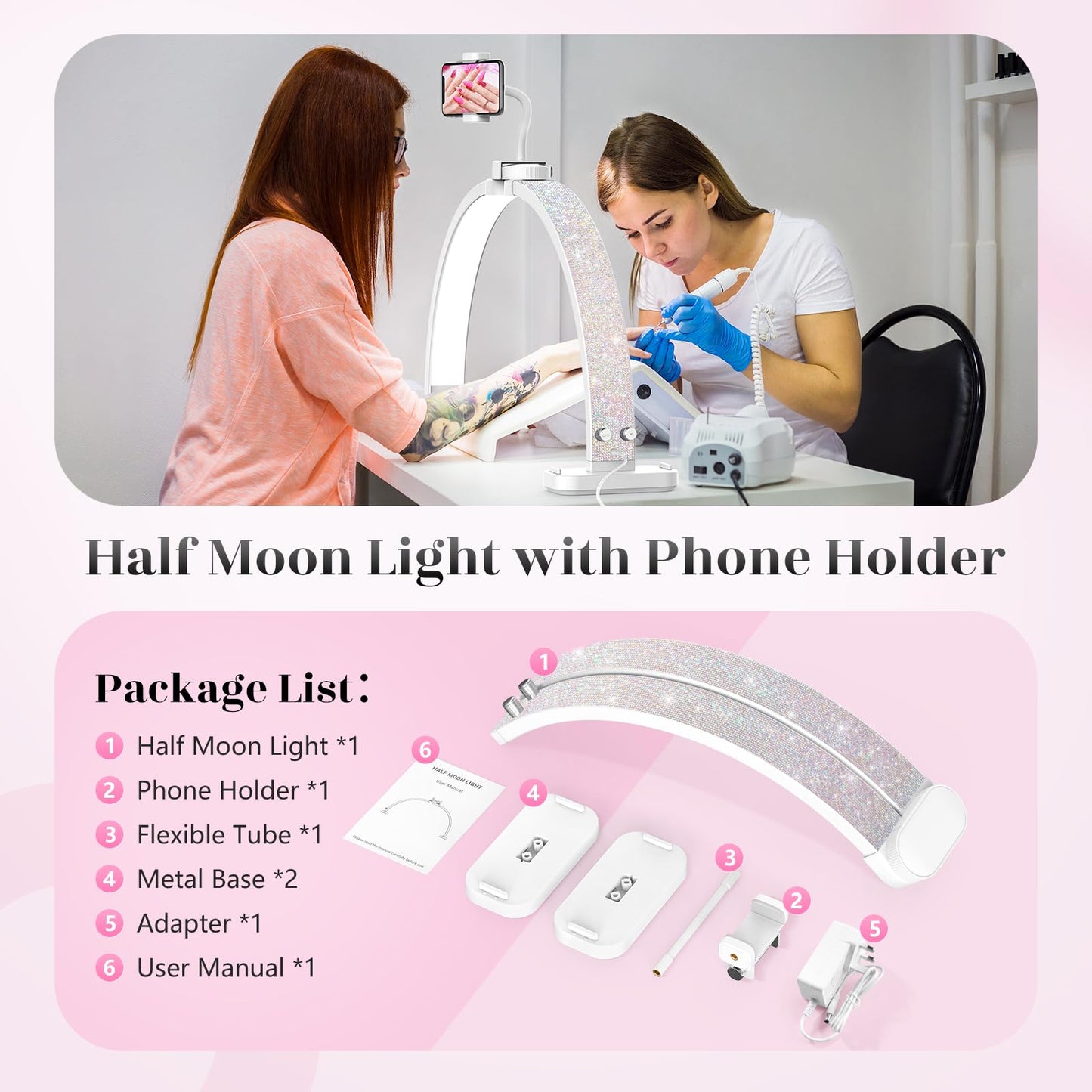 LIONVISON Half Moon Light for Nail Desk: 31-inch Manicure Table Light with Phone Holder for Beginner DIY - 48W Professional Half Moon Lamp for Nail Tech,Eyelash,Makeup,Tattoo