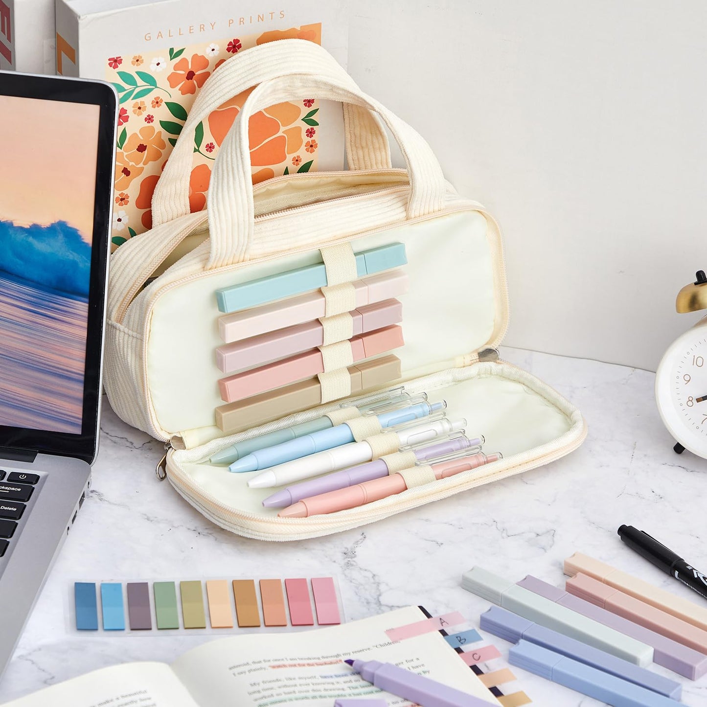Jutom 39 Pcs Aesthetic Book Annotation Kit Highlighter with Pencil Case Bag Gel Pen Transparent Sticky Note Taking Bible Study College School Supplies(White,Classic Style)