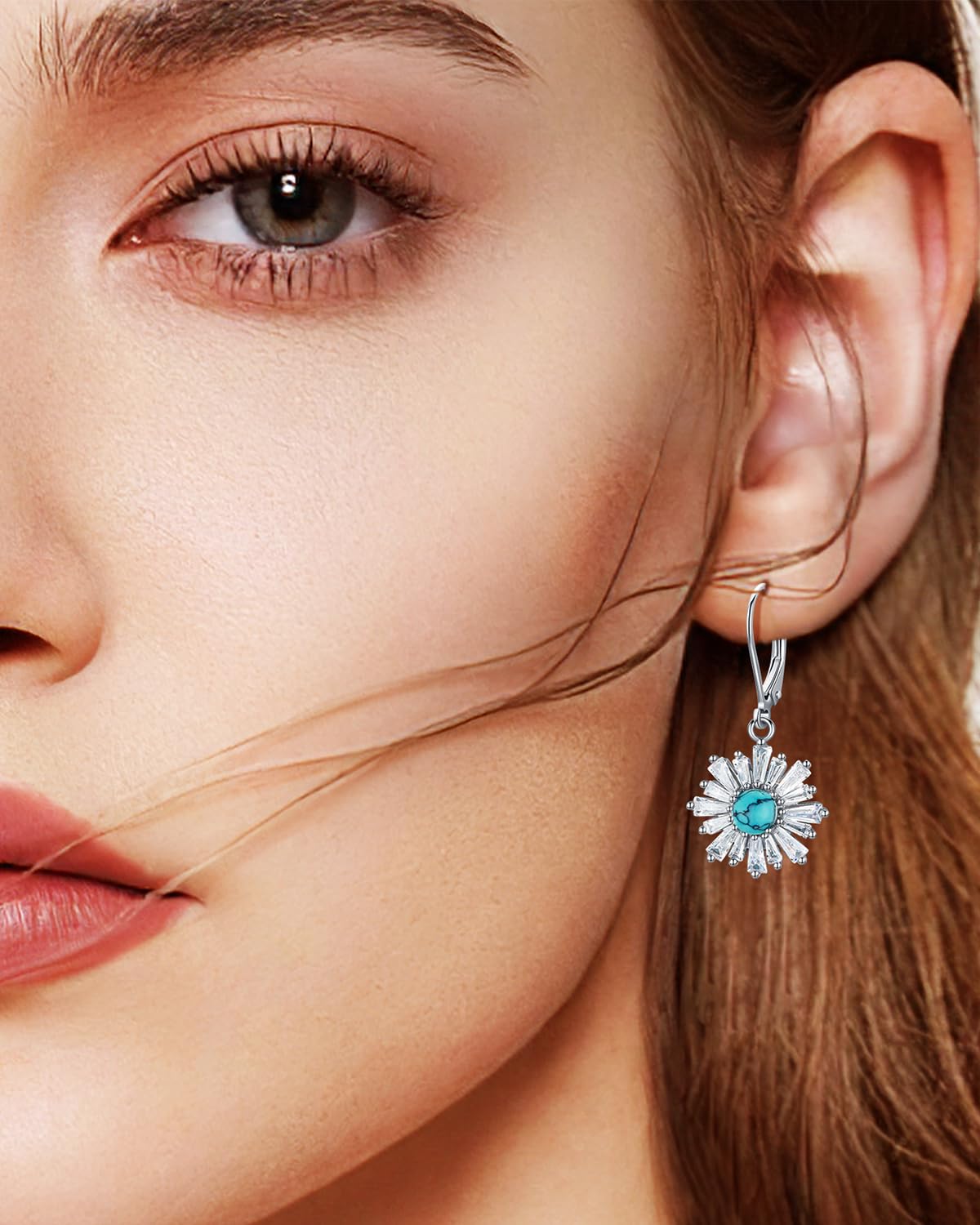 BDL Cubic Zirconia Flower Genuine Turquoise Leverback Earrings Sterling Silver Dangle Drop Jewelry for Women