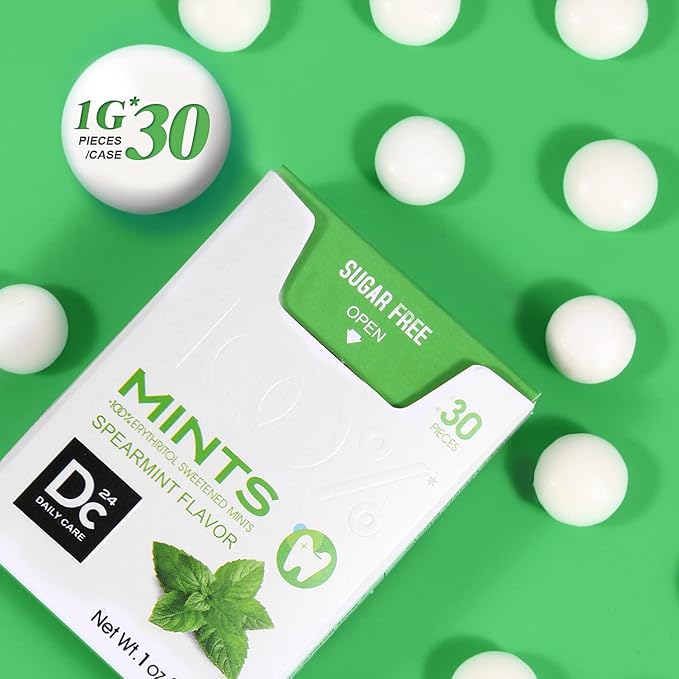 DC24 DAILY CARE 0-Calorie Breath Mints,100% Erythritol, Sugar Free, Natural Spearmint, Gluten Free, 30 Count, Pack of 4