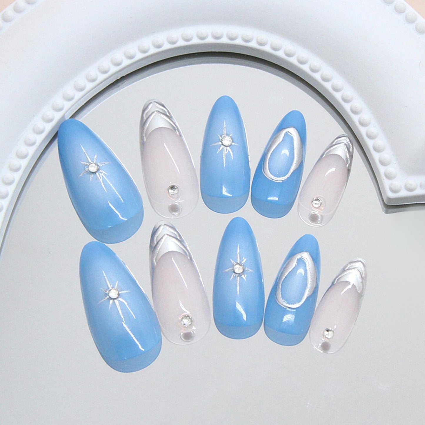 24Pcs Handmade Blue Press on Nails Medium Almond with 3D Crystal Rhinestones Design, Sparkling Star Fake Nail Tips Y2k Gradient Blue French Style Silver Star Sweet Almond Shape False Nails for Women