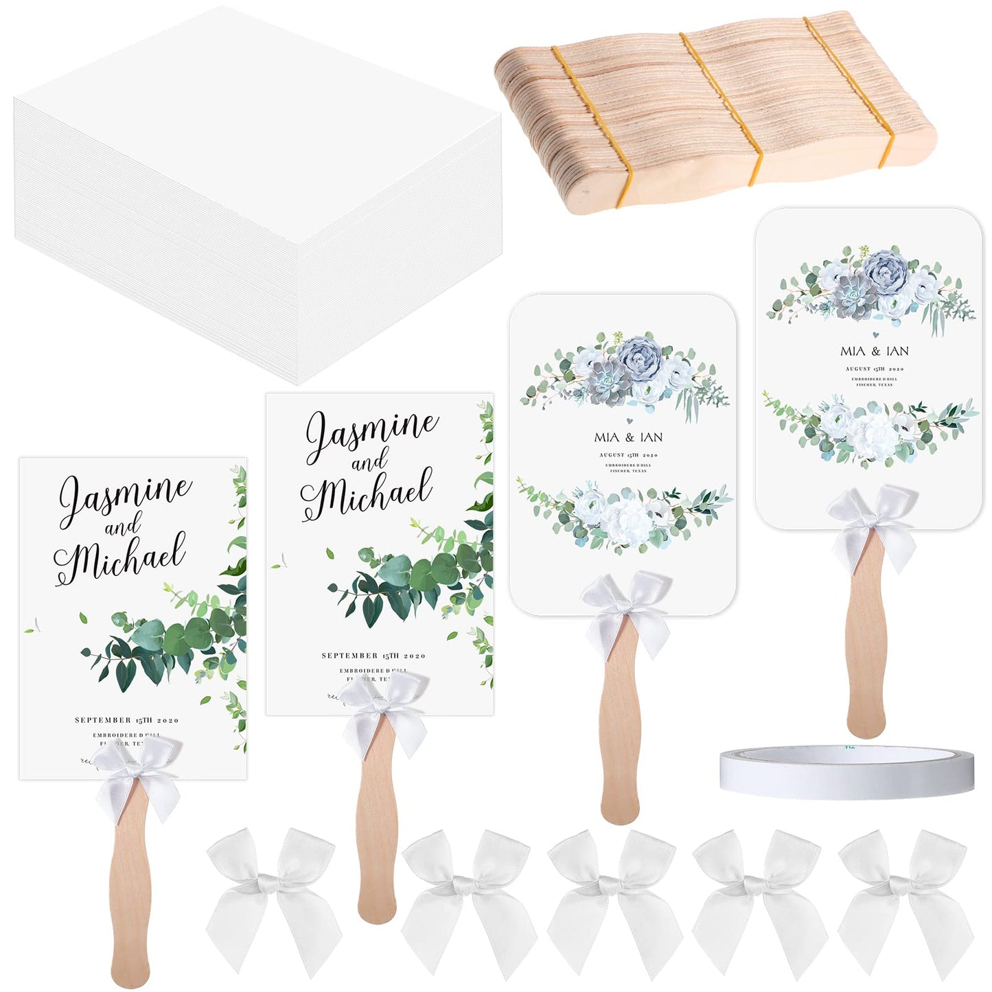 TaoBary 50 Set Church Fan Handheld Set Wedding Fans for Guest Bulk, Personalized Custom Fans Kit with Wavy Wooden Sticks Blank Cardstock White Bows & Tapecustom