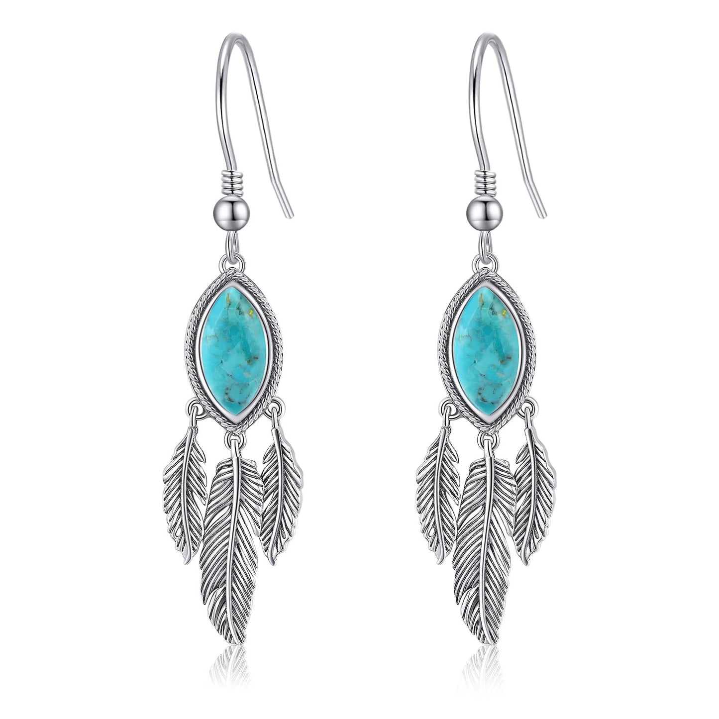 AVECON Turquoise Feather Dangle Earrings for Women 925 Sterling Silver Earring Vintage Turquoise Jewelry with Feather Boho Leaf statement Earrings Trendy Hook Earrings Western Jewelry for Her