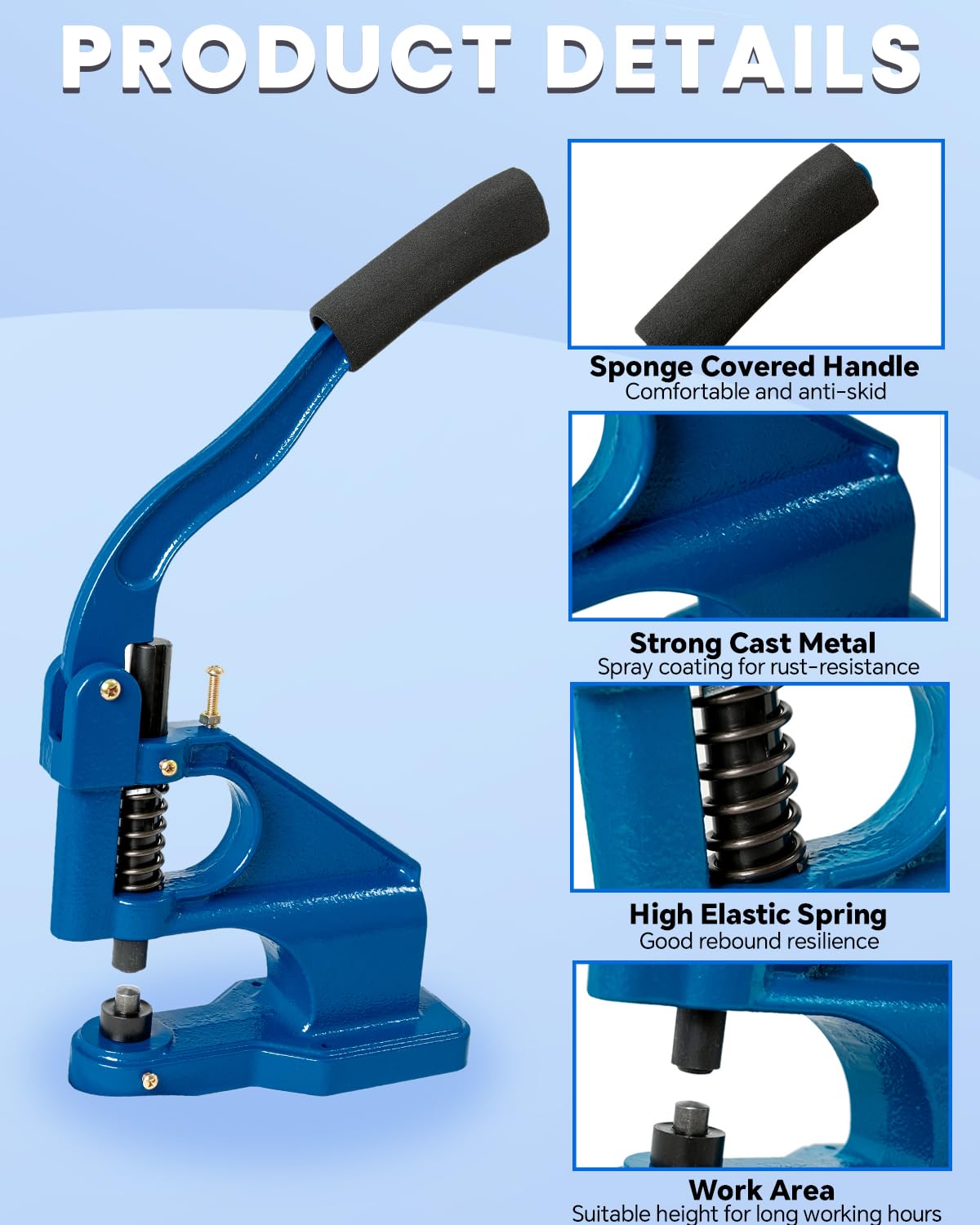 DUPDMKIN Grommet Tool Kit, Heavy Duty Eyelet & Rivet Press with 3 Dies and 1500 Pcs Grommets, Hand Press Grommet Machine for Fabric, Leather