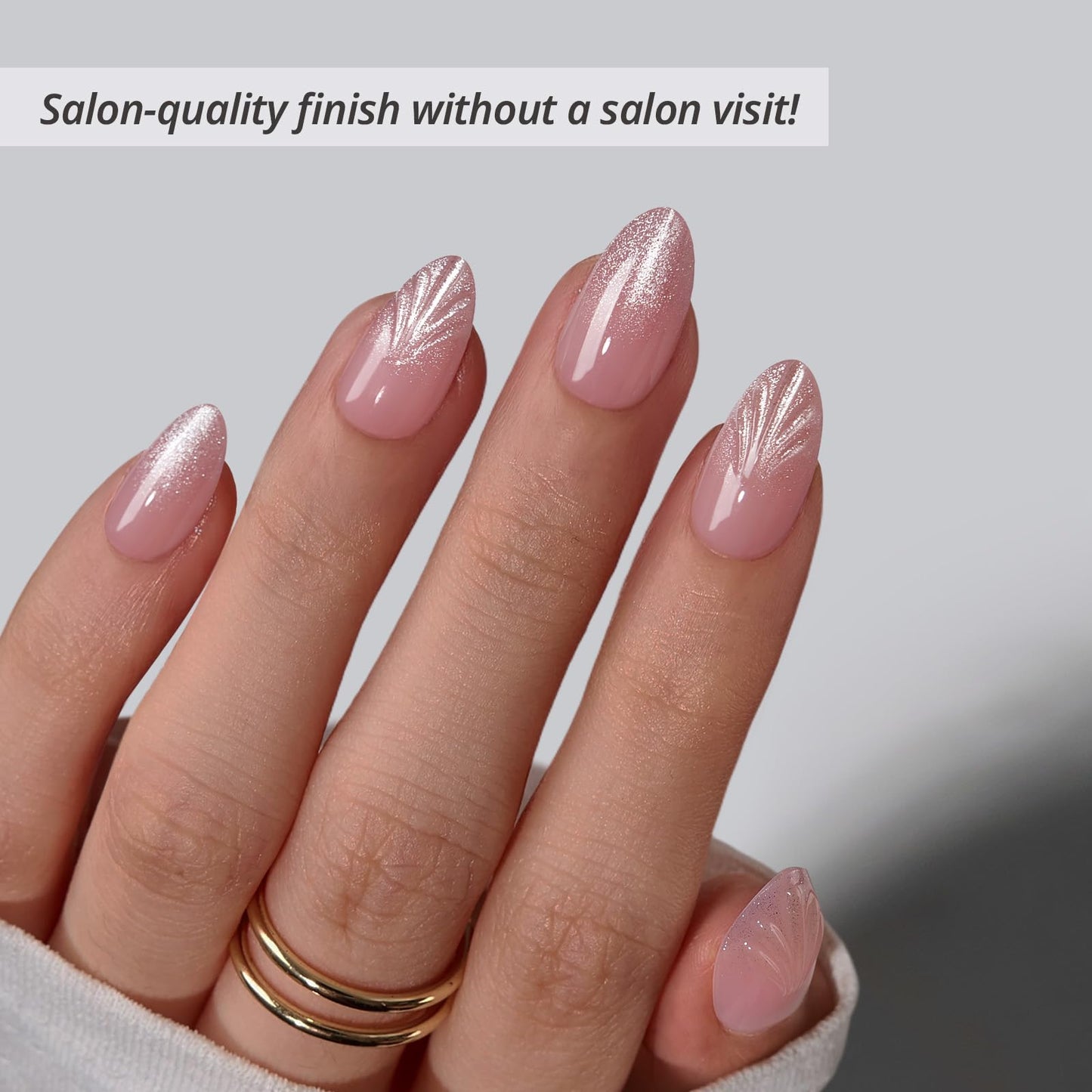 BTArtbox Press On Nails Short - Shell Luxe, Lamp-Curable 4-Week Wear 3D Shell Pink Cat Eye Almond Press On Nails with Glue and Adhesive Tabs, Easy-to-Apply in 16 Sizes - 32 Nails All-in-One Kit
