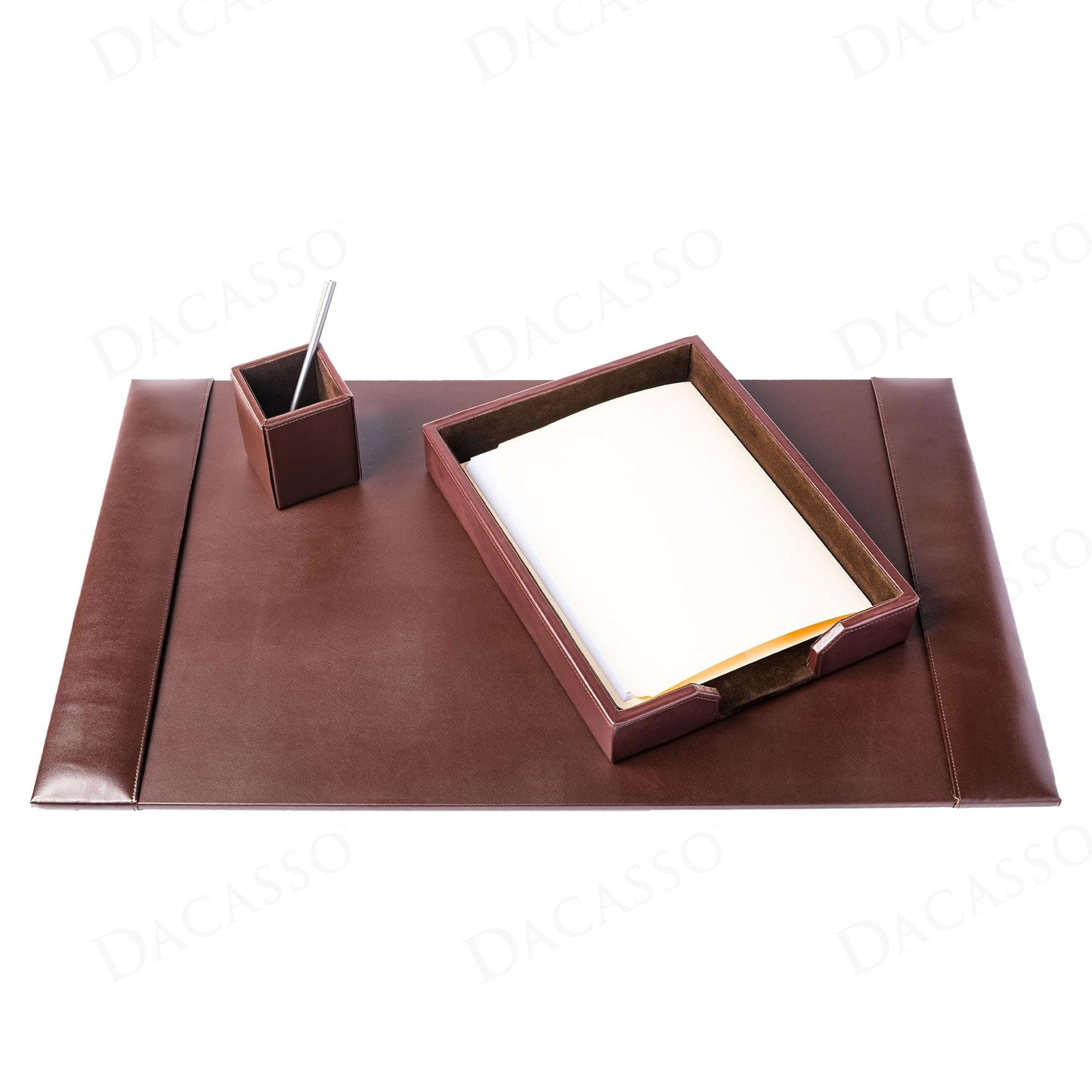 Dacasso Brown Bonded Leather Luxury 3 Piece Desk Set - Blotter Pad & Desk Organization Essentials - Executive Decor and Surface Protector