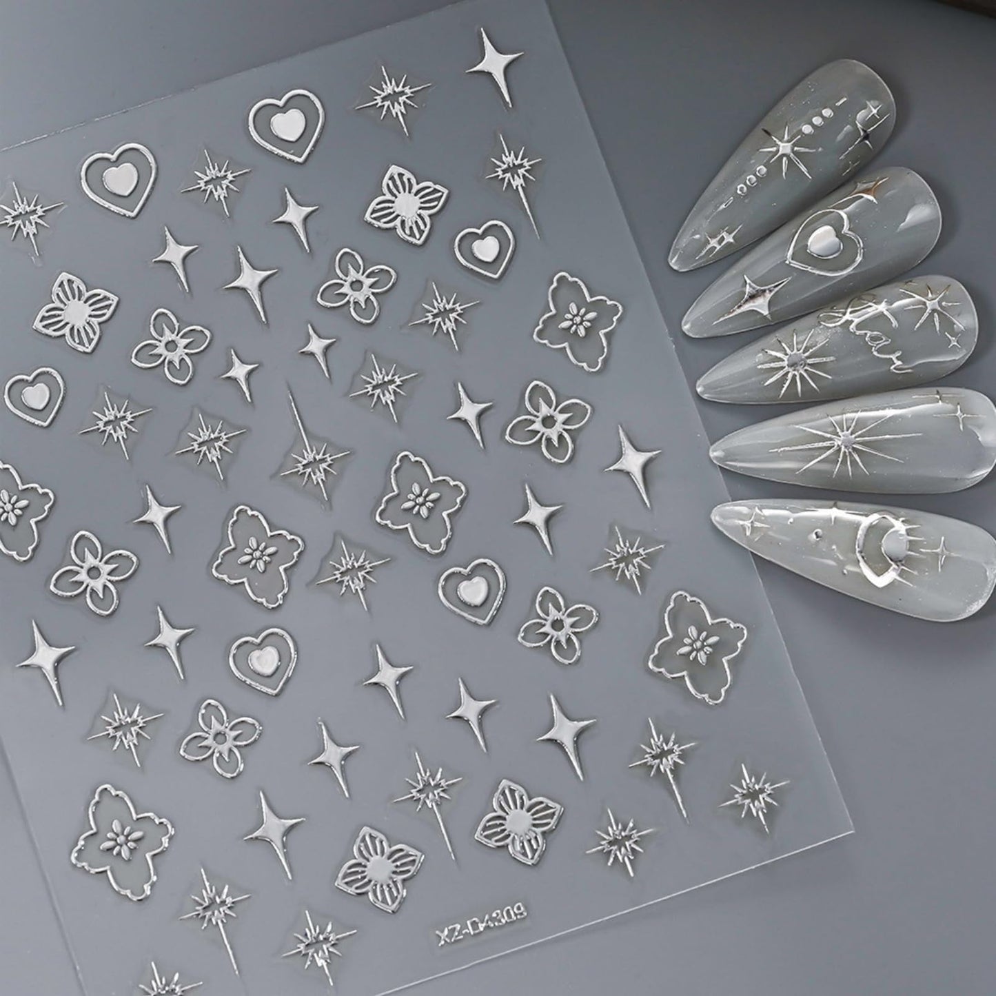 12 Sheets Bronzing Silver Nail Art Stickers, 3D Self-Adhesive Sun Moon Stars Designs Nail Sticker Acrylic Manicure Decals Decorations Accessory for Women Girls