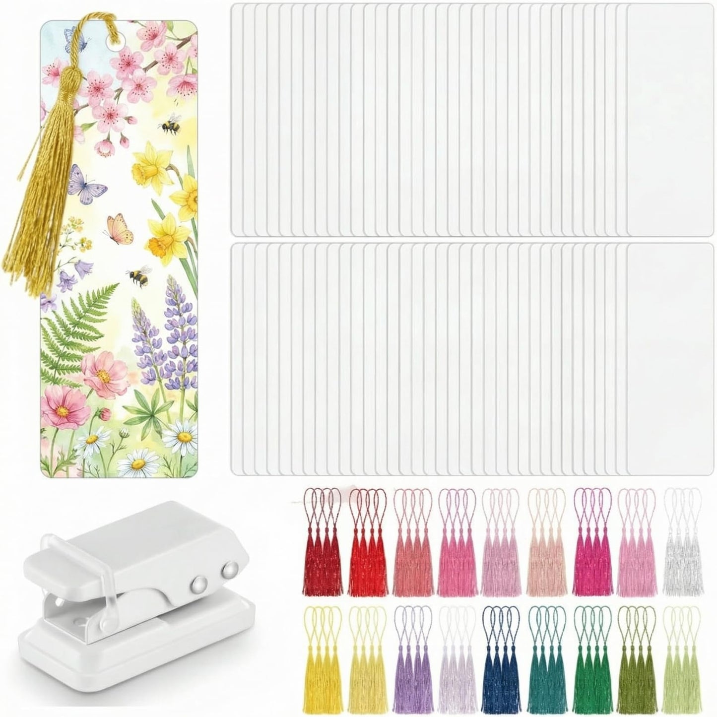 Fuyoooo 301 Pcs DIY Bookmark Making Kit 150 Bookmark Laminating Pouches 5 Mil Hot Laminator Sleeves with 150 Rainbow Tassels and Puncher Fit Most Pouch Laminating Machines(2.36 x 6.3 Inches)