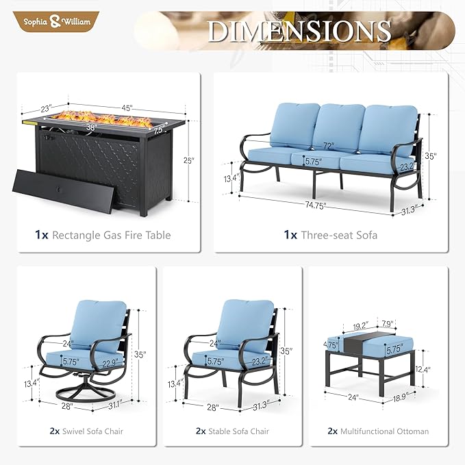 Sophia & William Patio Furniture Sets for 7 with Fire Pit Table 45", Outdoor Patio Furniture Set 8 Pcs, Convesation Set with 4 x High Heavy Sofa Chairs, 1x3-Seat Sofa, for Porch Poolside Grey