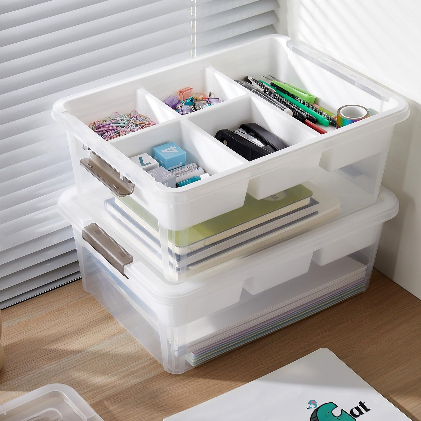 MACOPRO 17 QT Plastic Storage Box with Removable Tray, Bins with Lids, Clear Storage Container for Craft Supplies, Beads, Tools, Sewing, and Playdoh Organization (White, 1Pack-17QT)