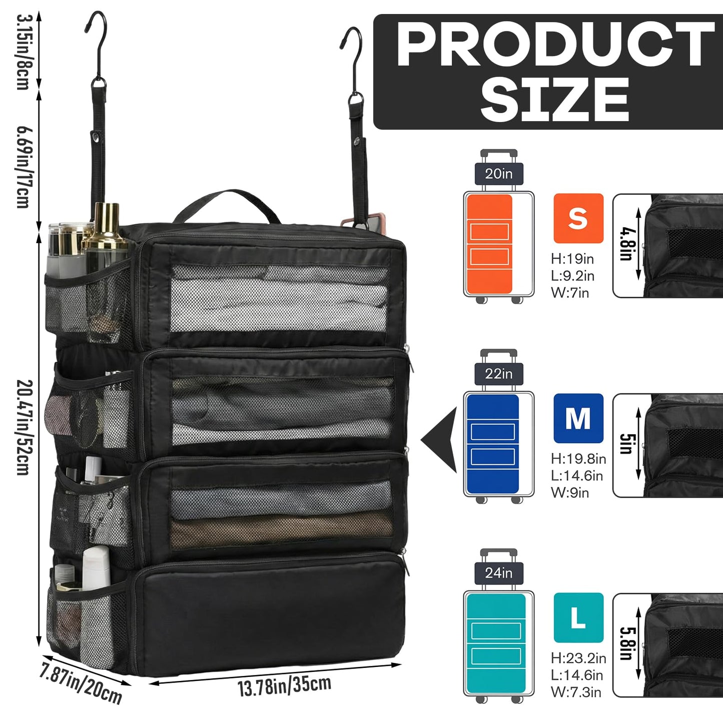 Klyyo Clyro Back to School Hanging Suitcase Organizer Black 4 Layer Dorm Room Clothes Storage Bag with Adjustable Hook Pack Hang Travel Organizer for College Dorms Summer Camp Closet