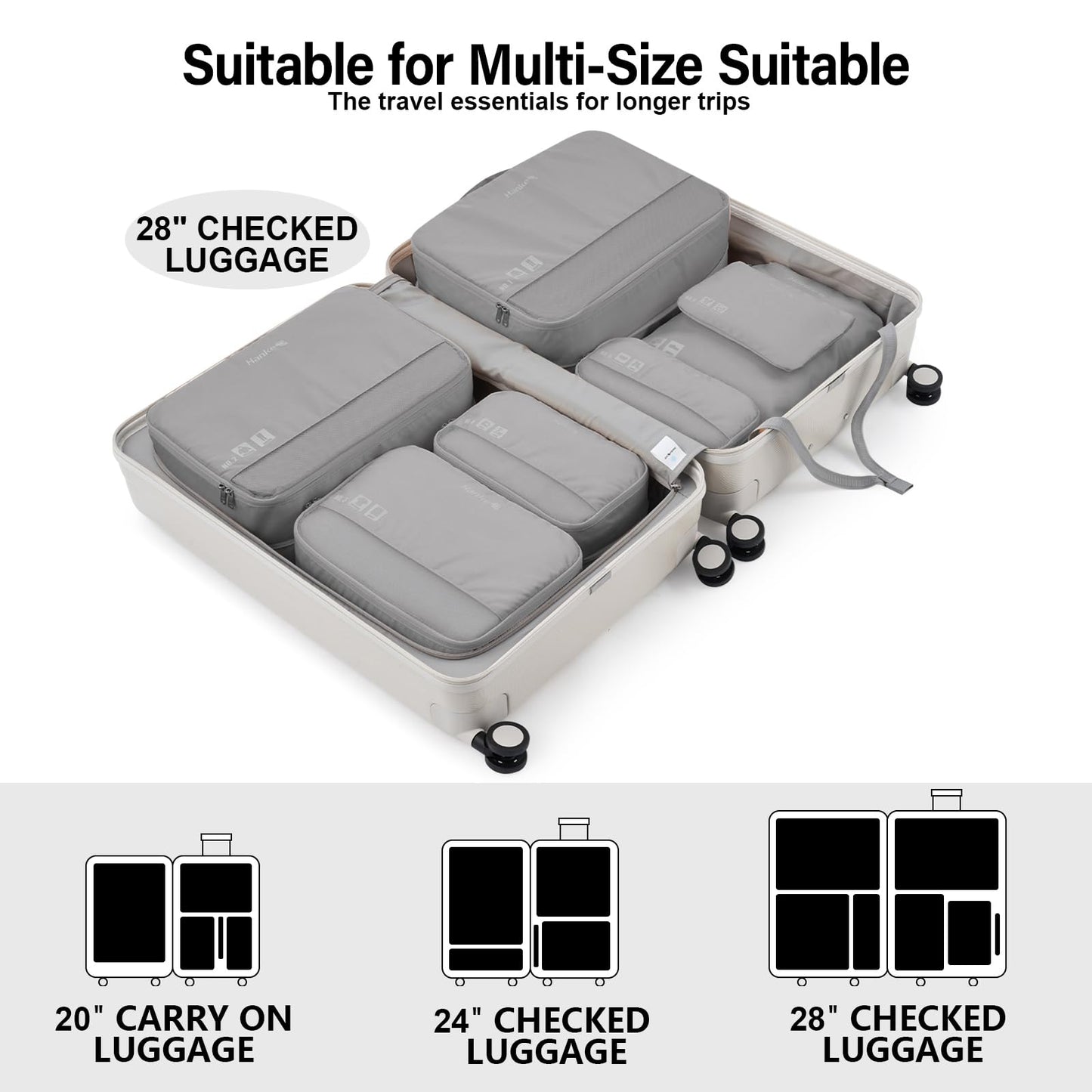 Hanke 7 Set Compression Packing Cubes for Travel, Expandable Large Packing Cubes for Suitcases and Backpack, Luggage Packing Organizer Bags with Double Zipper as Travel Essentials,Light Grey