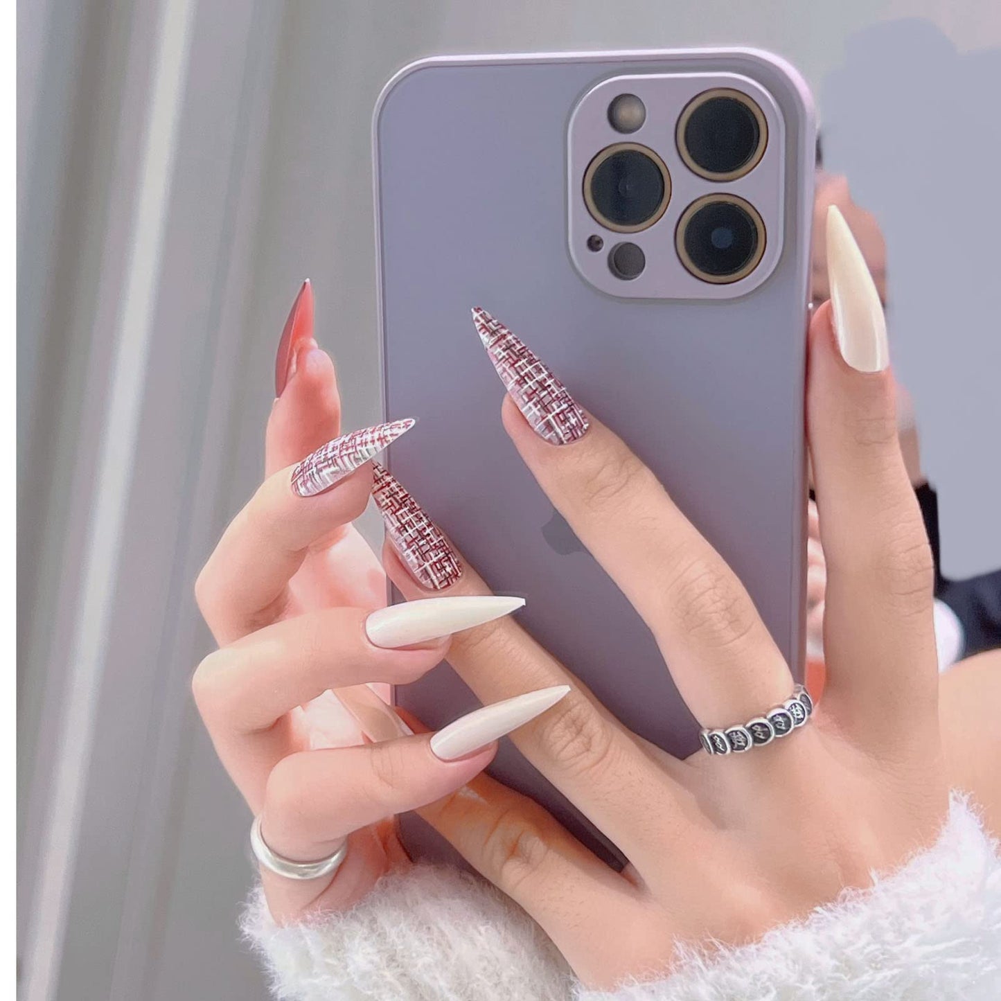Solid Color Long Pointed Press on Nails, 30 PCS Fashion Glossy False Nails Fake Nails with 3D Embossing Plaid Designs,Full Cover Stick on Nails for Women Girls (Milk White+Red)