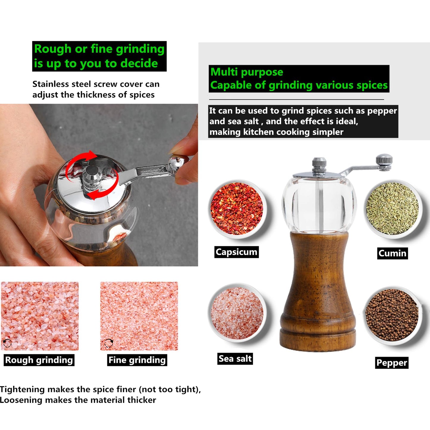 VEIZIBEE Pepper Grinder, Classical Roast Black Manual Pepper Grinder Set, Hand Shake Sea Salt Mill, Retro Style Wood， Acrylic，Ceramic Blades, Enjoy Fresh Pepper Spices (Walnut color 2pcs-6in)