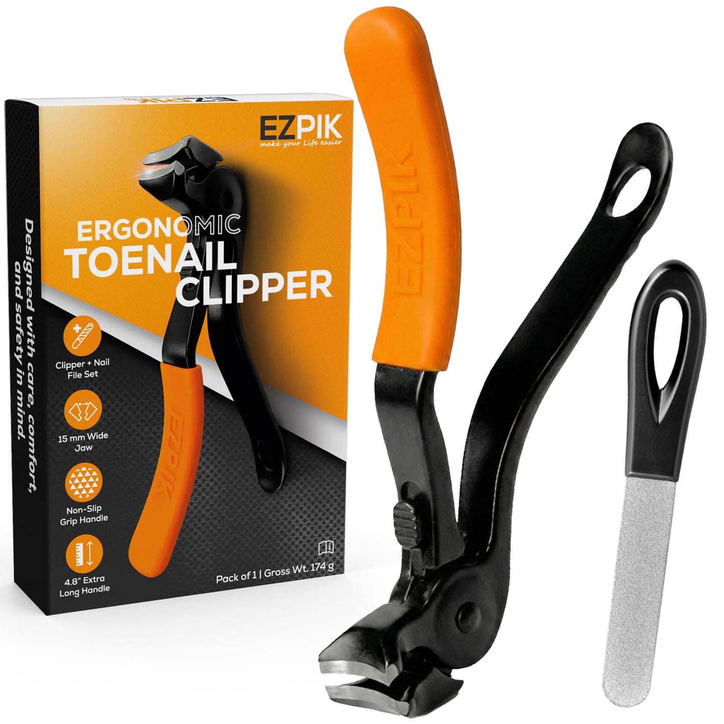 EZPIK Thick Toe Nail Clippers for Seniors with Nail File Set, Ergonomic Nail Cutter with 4.8” Long Handle, Angled Head & Stainless Steel Blades, Comfortable Toenail Clippers for Weak & Arthritic Hands