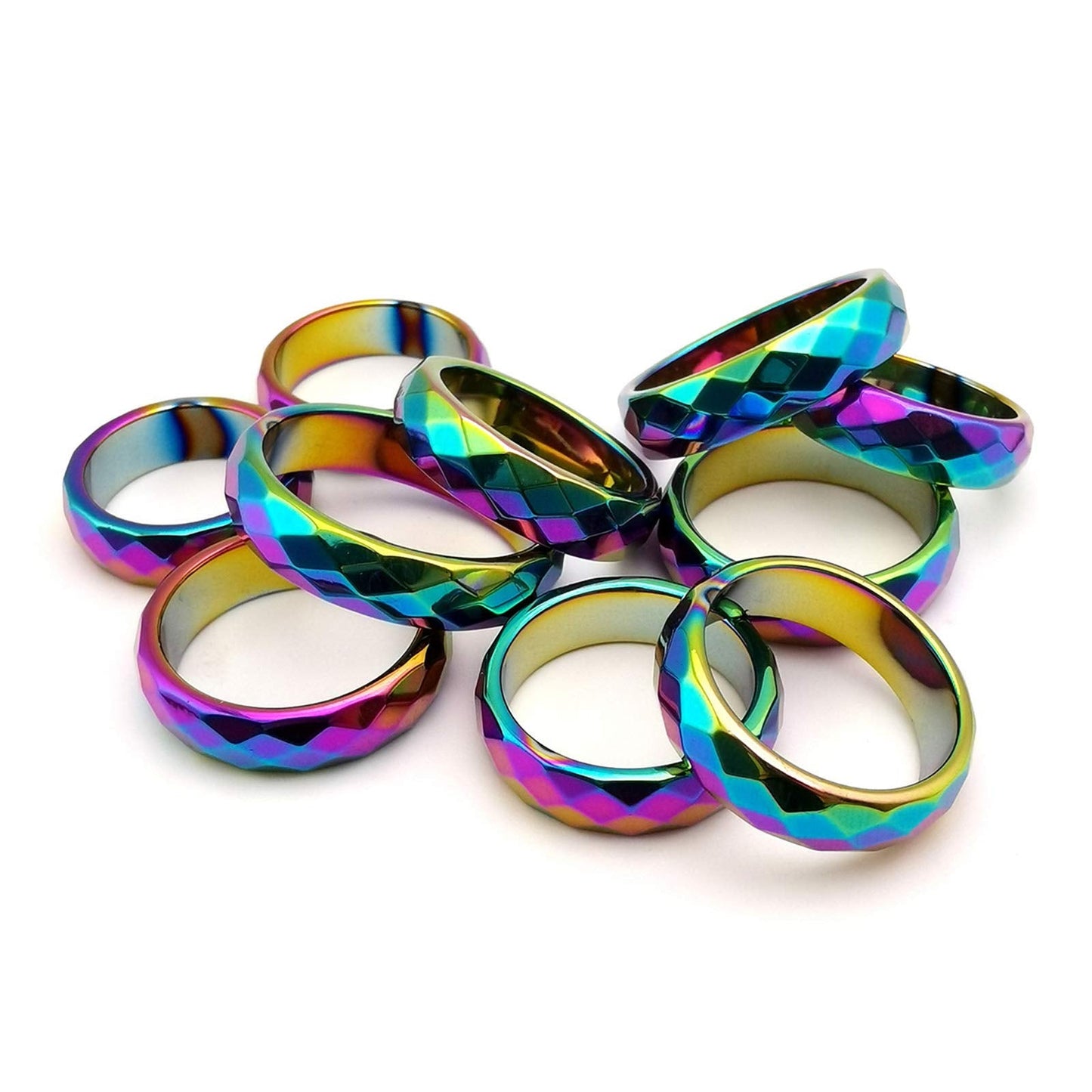 Morchic 10Pcs Pack Rainbow Hematite Stone Rings for Women & Men, Unisex Faceted Set (6mm Width) - Mixed Sizes 6-12, Chakra Balancing, Polished Gemstone, Gift Ready
