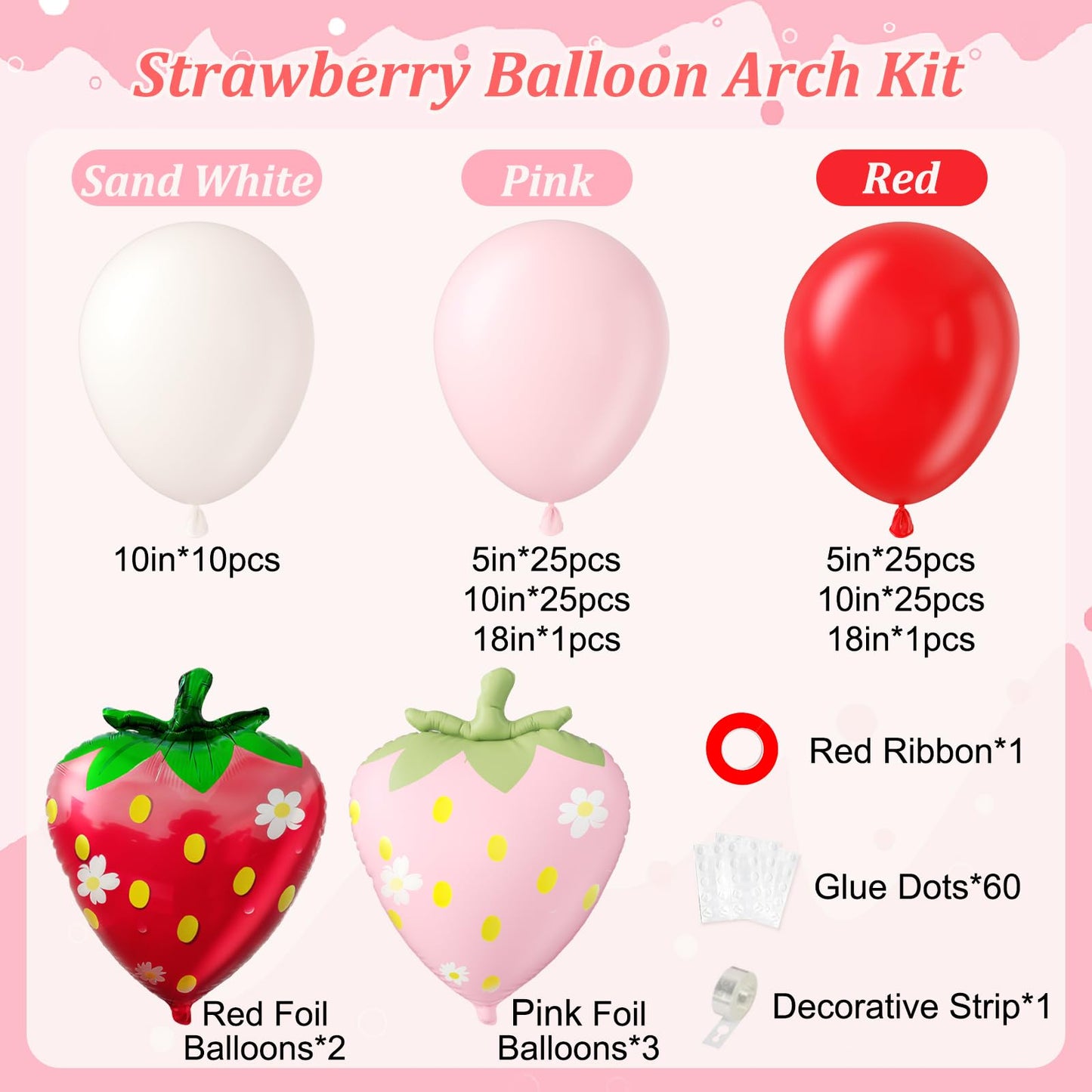 120pcs Strawberry Balloon Arch Kit with Red Pink Sand White Foil Strawberry Balloons for Baby Shower Birthday Party Decorations