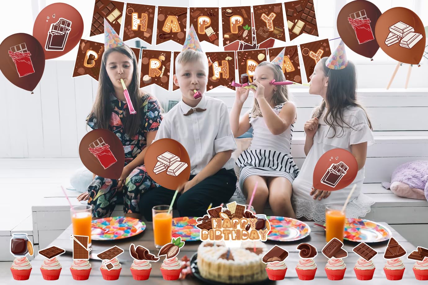 Chocolate Party Decorations Chocolate Birthday Party Supplies Includes HAPPY BIRTHDAY Banner Cake Topper Cupcake Toppers Balloons for Chocolate Birthday Decorations