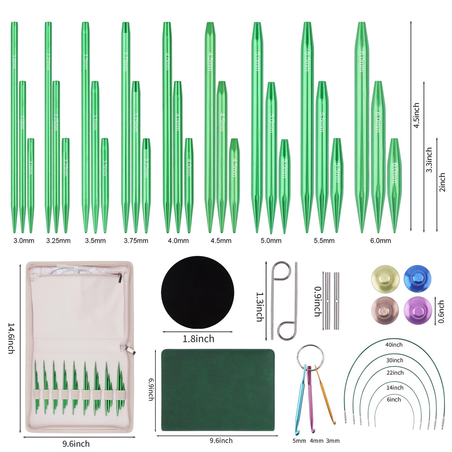 WAZAIGUR Knitting Needles Set, Three Lengths Interchangeable Circular Knitting Needles Set - Sizes 3.0mm, 3.25mm, 3.5mm, 3.75mm, 4.0mm, 4.5mm, 5.0mm, 5.5mm, 6.0mm, 5 Cables, 9 Pairs, Green