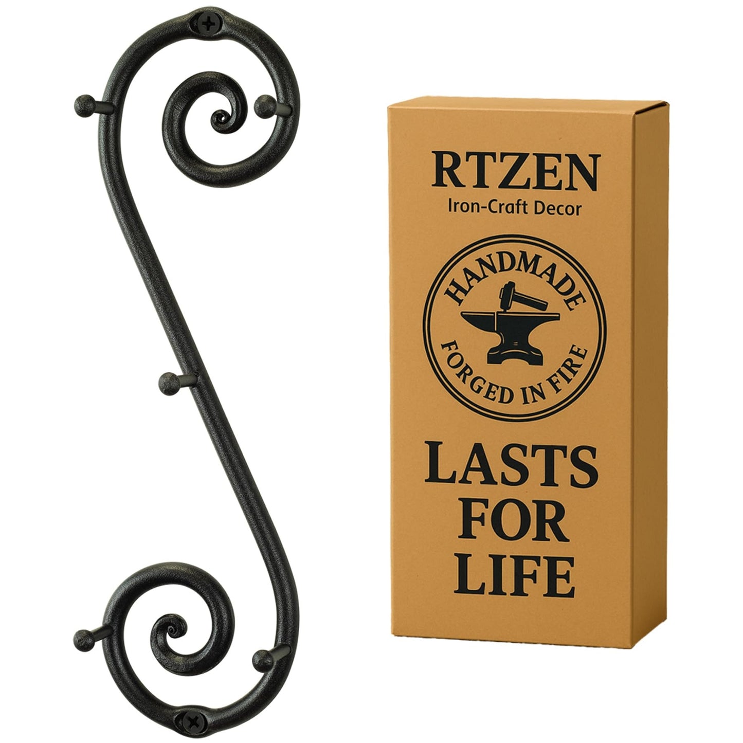 RTZEN Farmhouse Small Key Holder for Wall - Handcrafted Swirl Decorative 5 Key Hooks for Home Entryway - Wrought Iron Wall Mount Rack Purse Coat and Leash Holder or Organizer (Vertical Black)