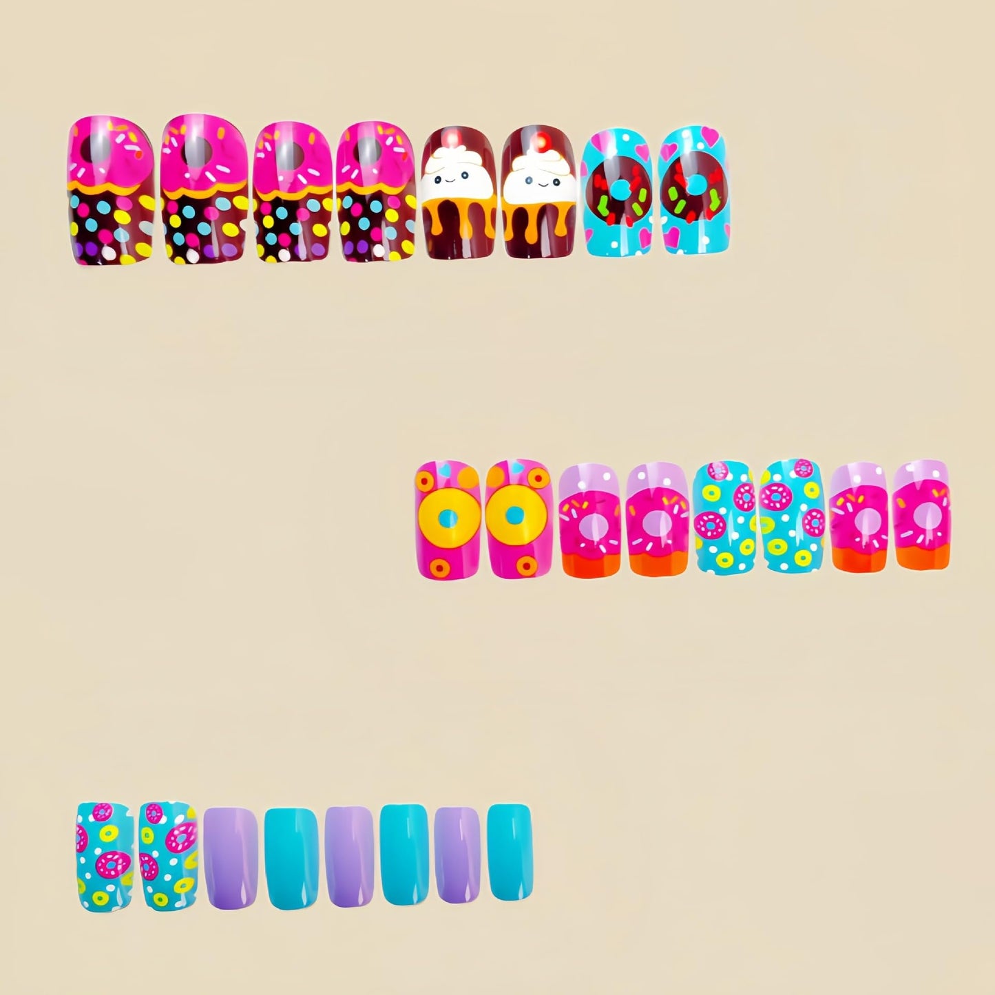 Cute Donut Press on Nails Colorful Cartoon Fake Nails Long Coffin Shape Reusable Glue-On False Nails Kit with Sweet Dessert Designs for Women Girls 24 PCS