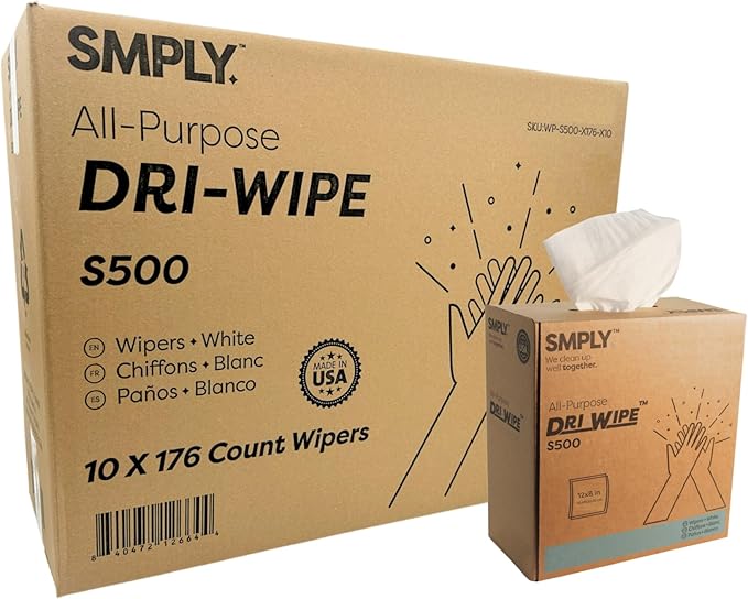 Dri-Wipe S500 by SMPLY Brands – All-Purpose Disposable Wipes, 10 Boxes of 176 (1,760 Total Wipes), Strong Alternative to Shop Towels & Paper Towels, 8" x 12" Center-Pull Sheets