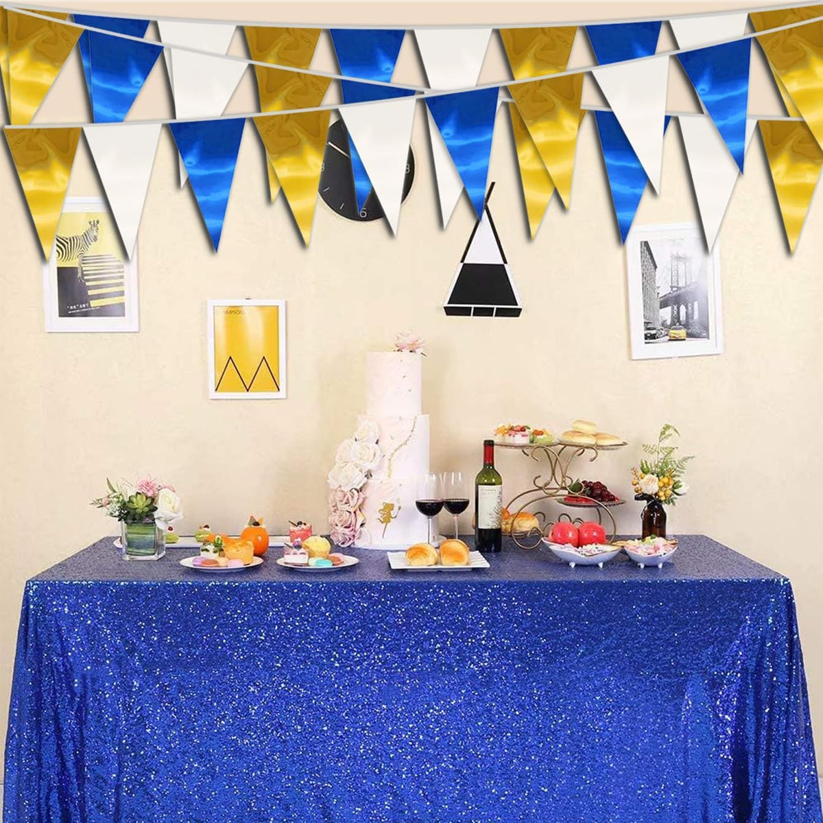 130FT Navy-Blue White Gold Triangle Pennant Banner Flag Metallic Fabric Bunting Garland for Christmas Graduation Retirement Birthday Wedding Bridal Shower Nautical Ahoy Achor Party Decorations Supply