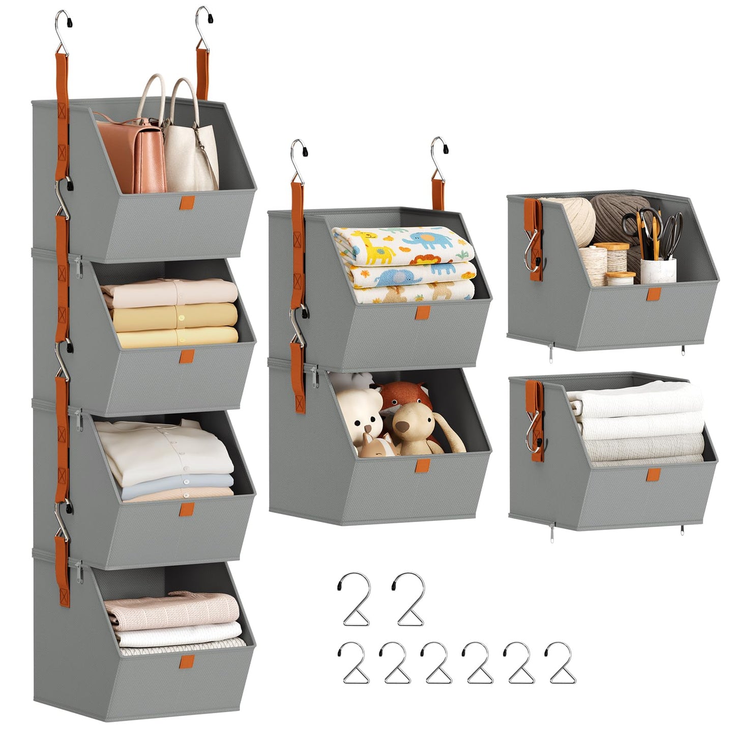 Homsorout Hanging Closet Organizer 4 Tier - Clothes Hanging Shelves, Space-Saving Closet System, Fabric Storage Bins Bedroom Organization, Collapsible Baskets for Home, Dorm, Rv, Grey